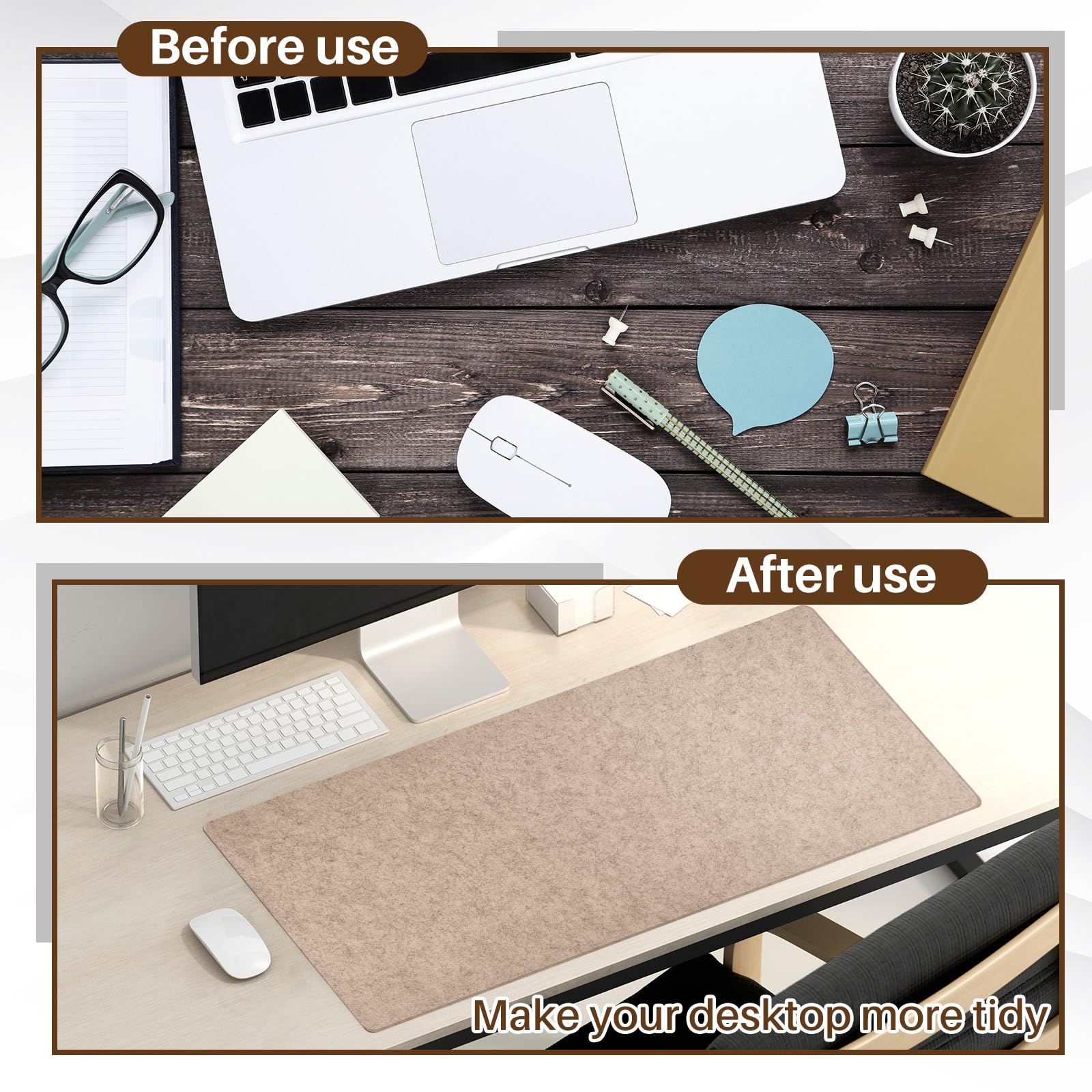 2 Tappetini da Scrivania in Feltro 80 x 30 cm Proteggi Sottomano Antiscivolo Grande Tappeto Protettivo Minimalista Desk Pad per Computer Tastiera Mouse Laptop Ufficio Studio(Cachi)