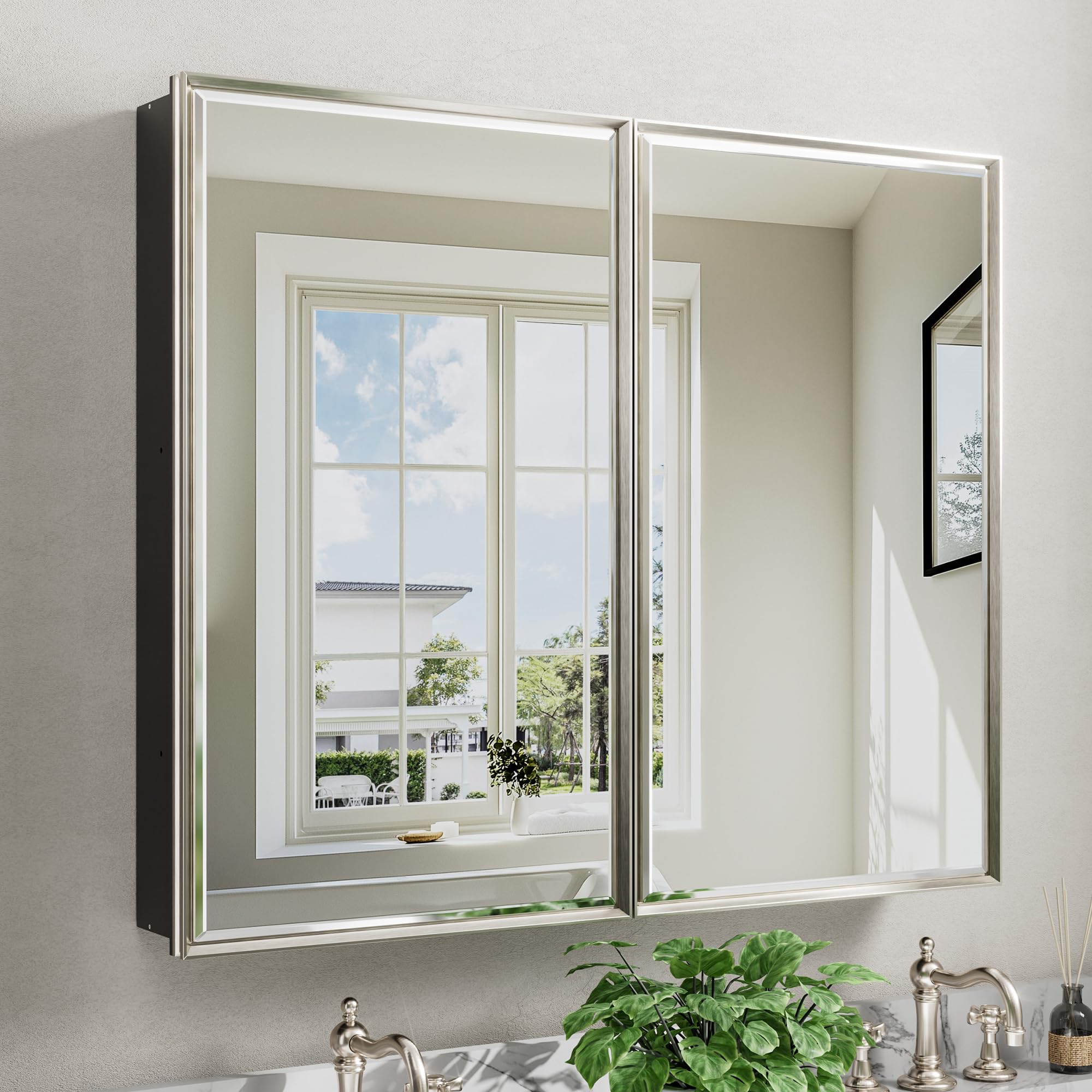 Pre-Assembled Surface or Recessed Medicine Cabinet Mirror-40x30 Brushed Nickel Bathroom Medicine Cabinet with Mirror &amp; Aluminum Frame Rustproof, Beveled Bathroom Vanity Mirror with Storage