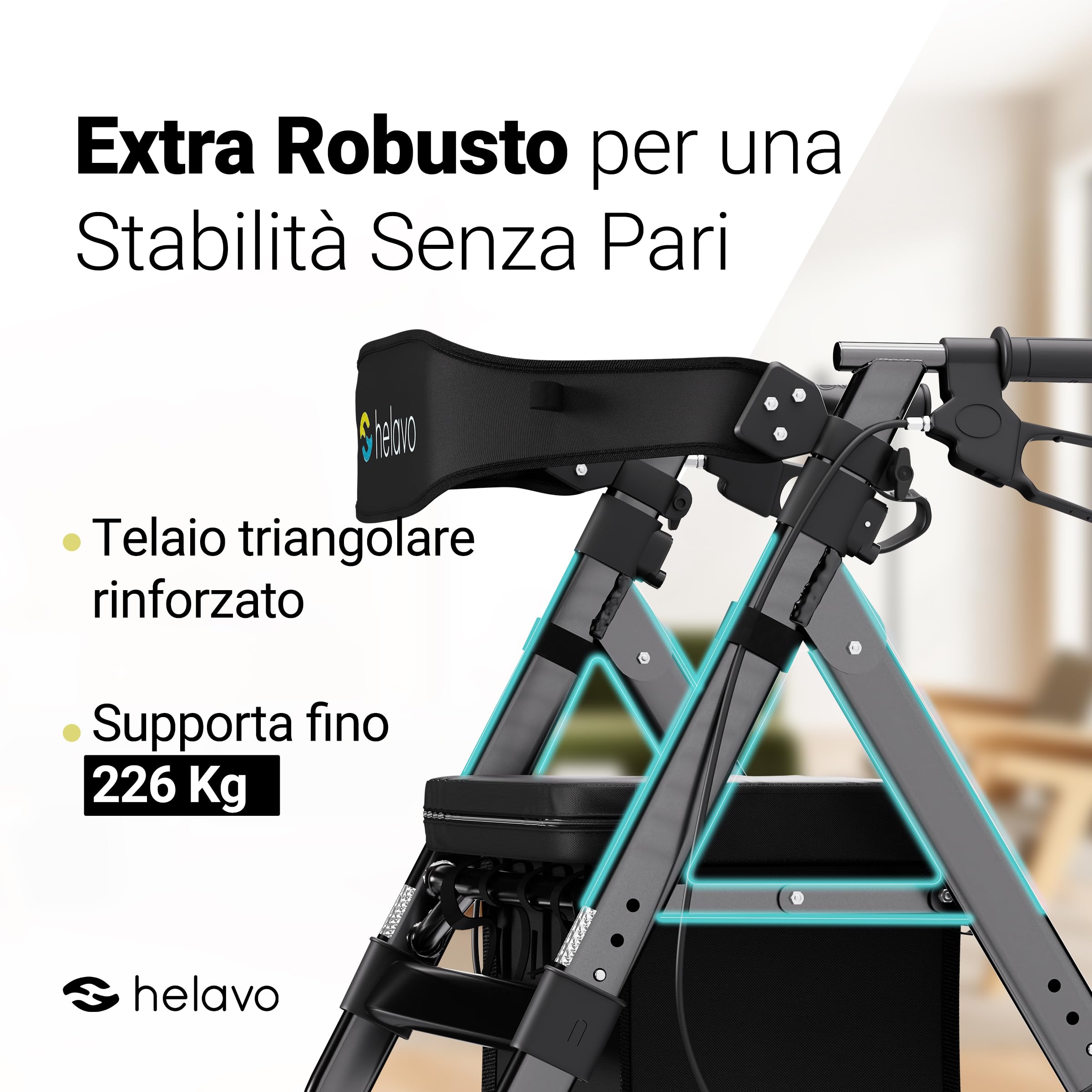 HELAVO deambulatore per anziani extra largo con ampio sedile regolabile in altezza - Rollator pieghevole per impieghi gravosi in alluminio - Capacità di carico fino a 226 kg