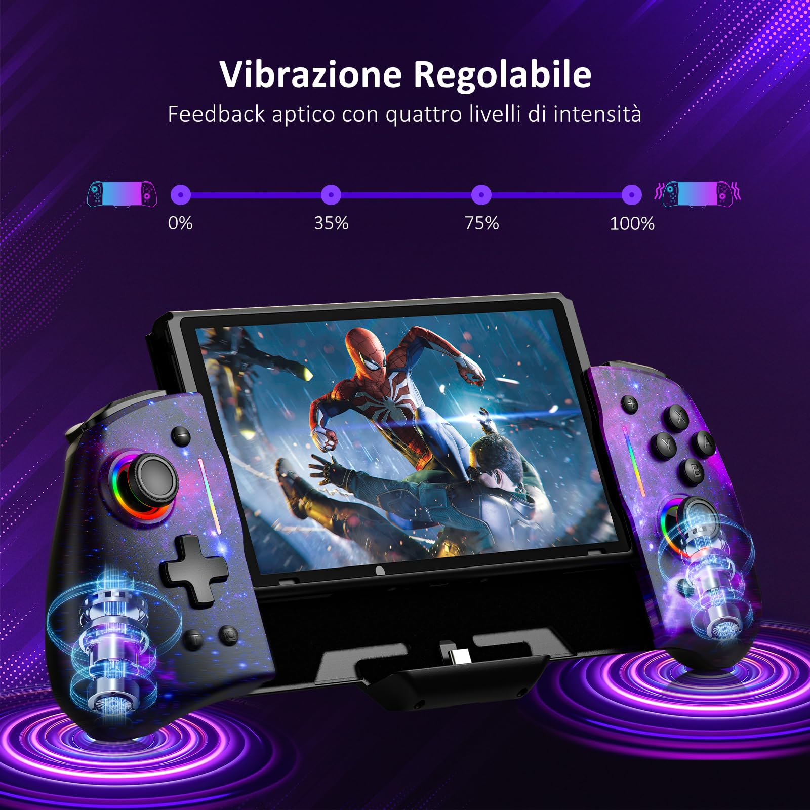 NexiGo Hall Effect Gripcon (Nessun Drift, Nessuna Deadzone) con Joystick a Effetto Hall per Switch/Switch OLED, Luce RGB Regolabile, giroscopio a 6 Assi, Turbo, Mappatura (Cosmic Nebula)