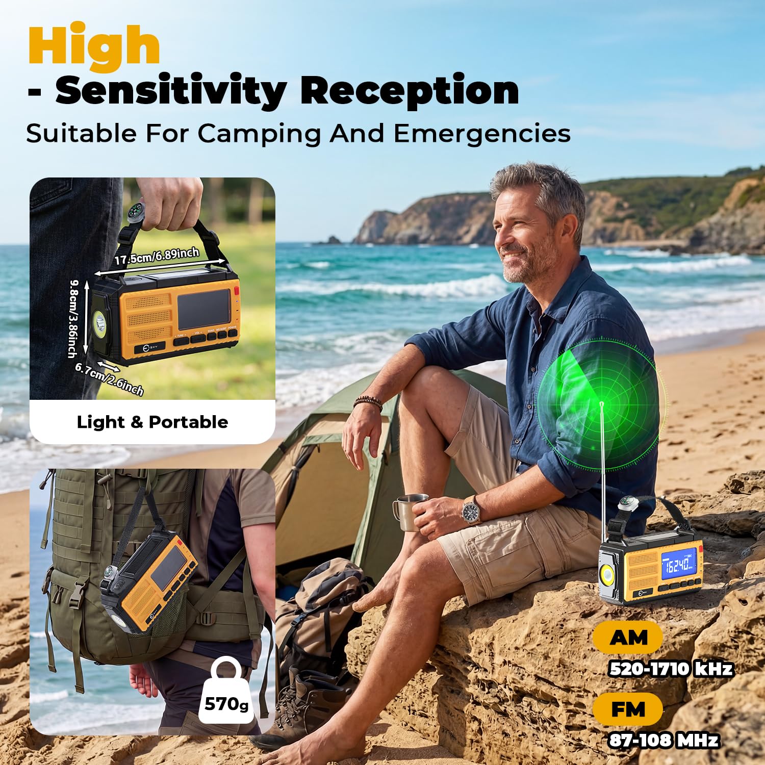Esky Radio składane 10 000 mAh, przenośne radio awaryjne AM/FM, latarka, alarm SOS i kompas, ładowanie korby USB / solarne / ręczne ładowanie na kemping, na zewnątrz, przerwy w dostawie prądu, prezent