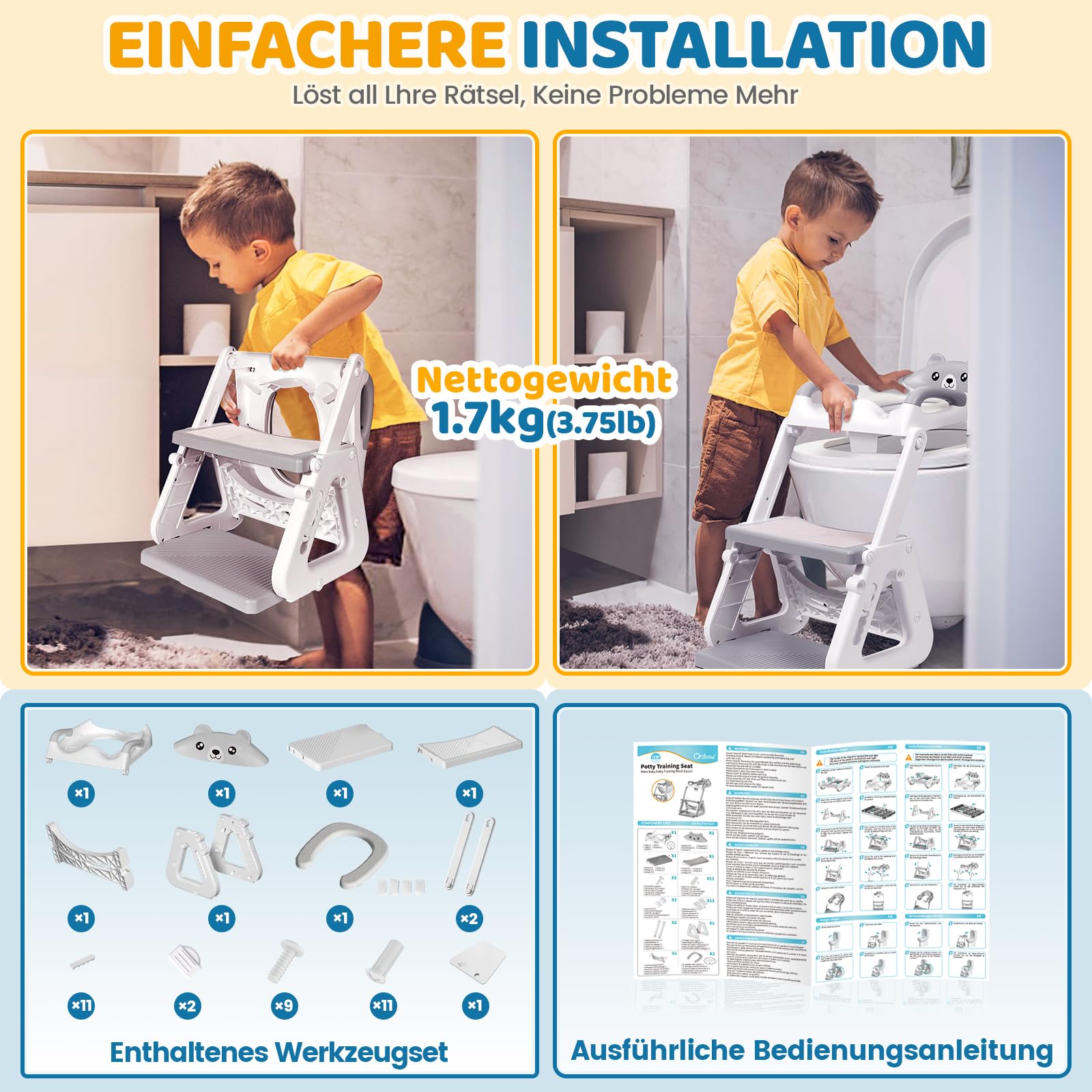 Orzbow Klositz Für Kinder - Faltbar & Mit Urin-Schutz - Verstellbar 40-44 Cm - Weiß