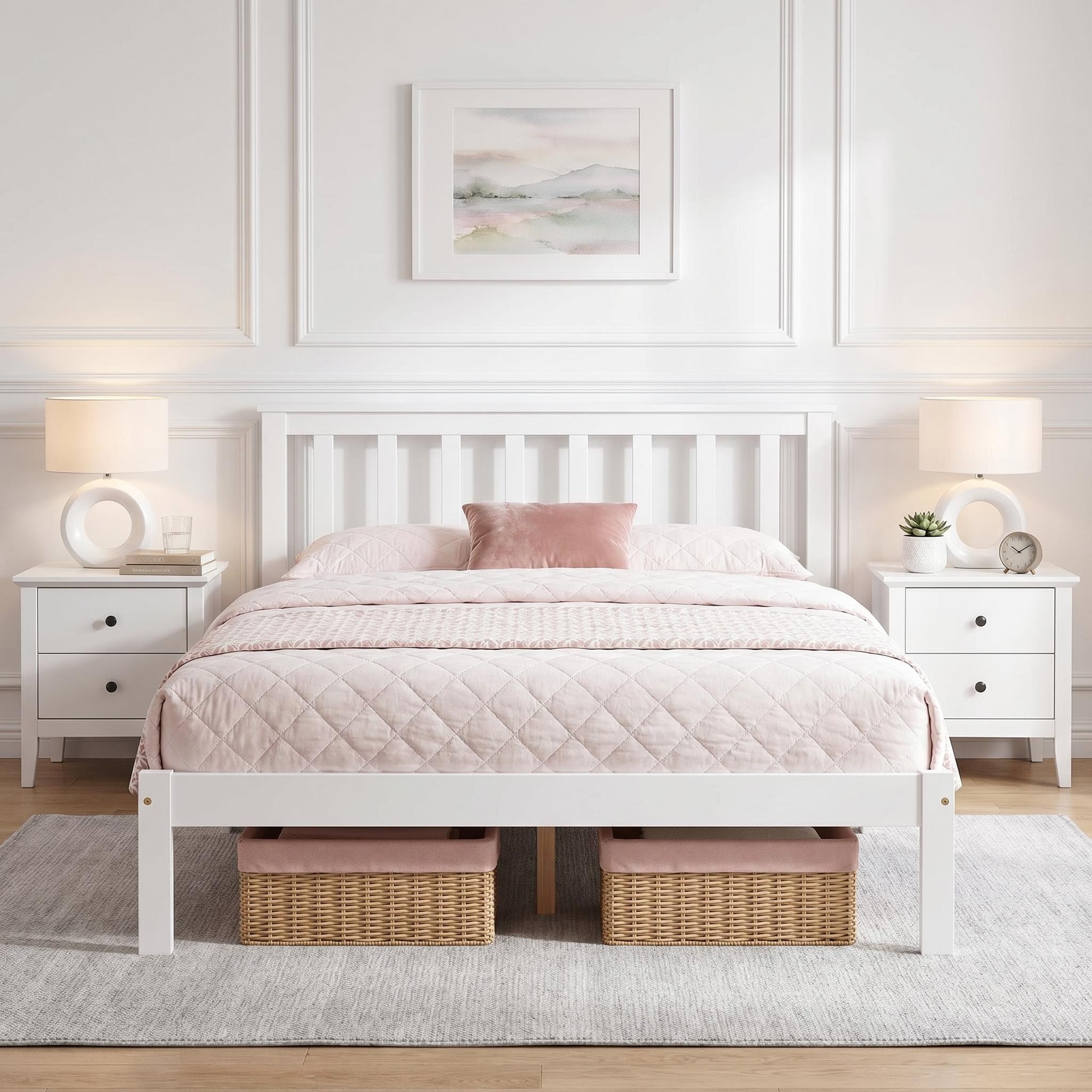 Panana Solid Pine Wood Double Bed Frame 4FT6 Wooden Bed for Adults, Kids, Teenager, White, 135 * 190cm