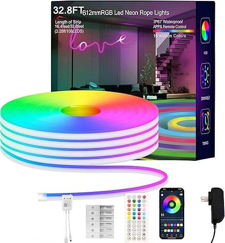 MFWW Tira de luces de neón LED RGB de 32.8 pies, control por aplicación, control remoto IR, sincronización de música, impermeable IP67 al aire disponible en Yaxa Venezuela