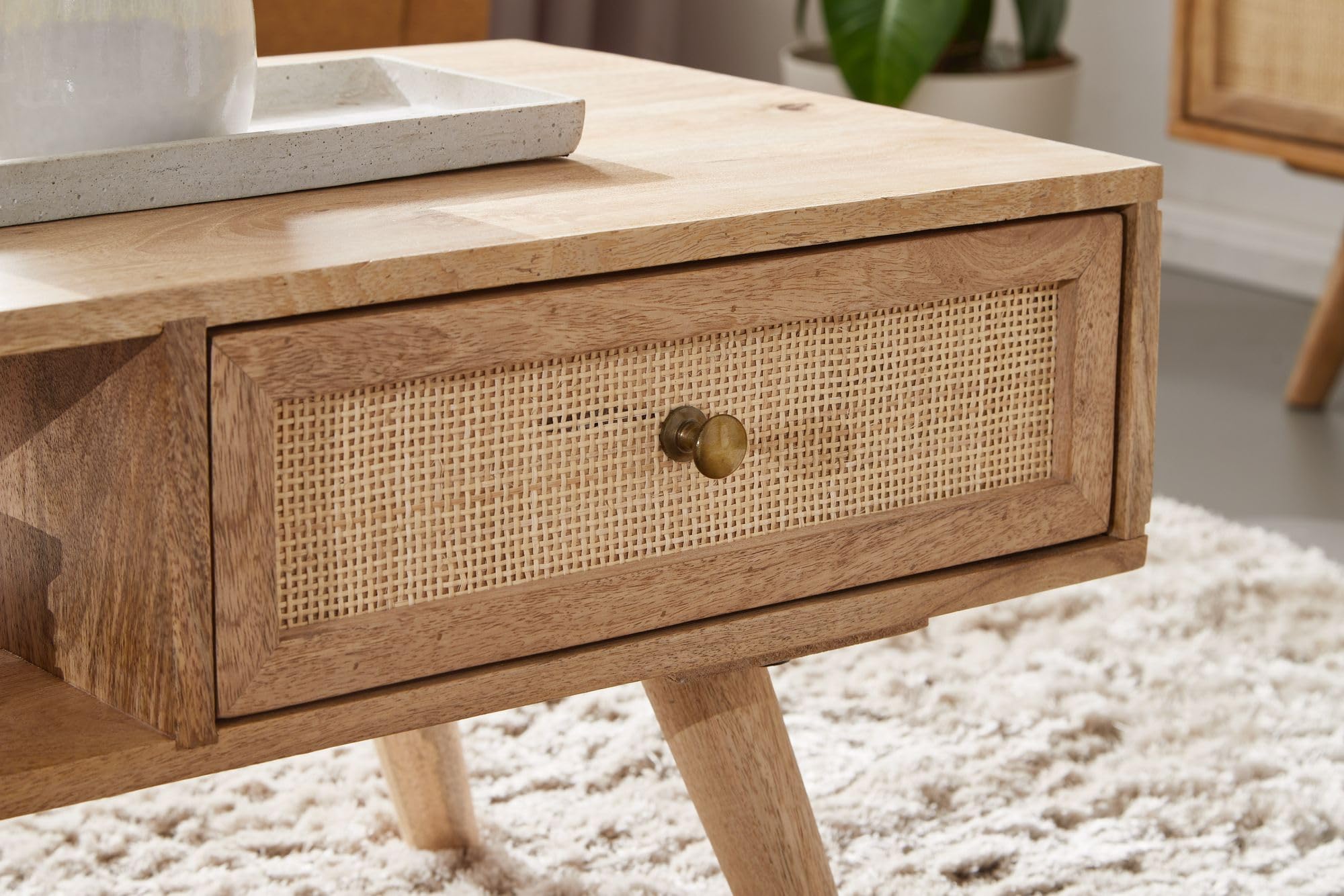 FineBuy Mesa de Centro 90x40x45 cm Mesa de salón de Madera Maciza de Mango Rectangular | Mesa de Madera con Espacio de Almacenamiento | Mesa de Centro con cajón | Mesa de salón Maciza