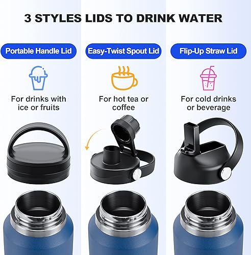 Miniatura 3 de HYDROWION Botella de agua aislada, botellas de agua de 32 onzas con tapa con popote, tapa de boquilla y tapa flexible, frasco de 32 onzas (frío