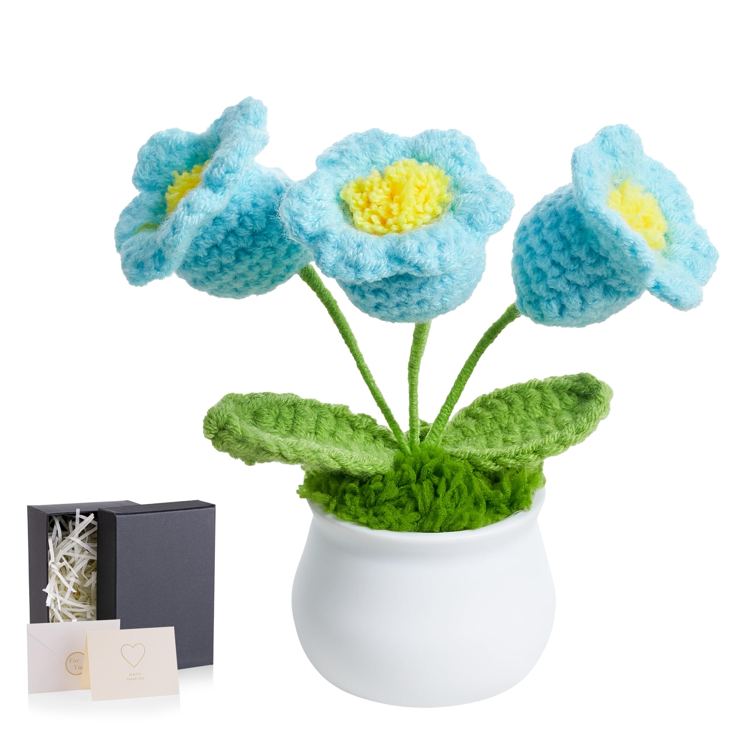 MAIBAOTA Sky Blue Crochet Flowers Handmade Knitted Flower Bouquet Lily of The Valley Potted Plants Birthday Gifts for Women Desk Decor Accessories