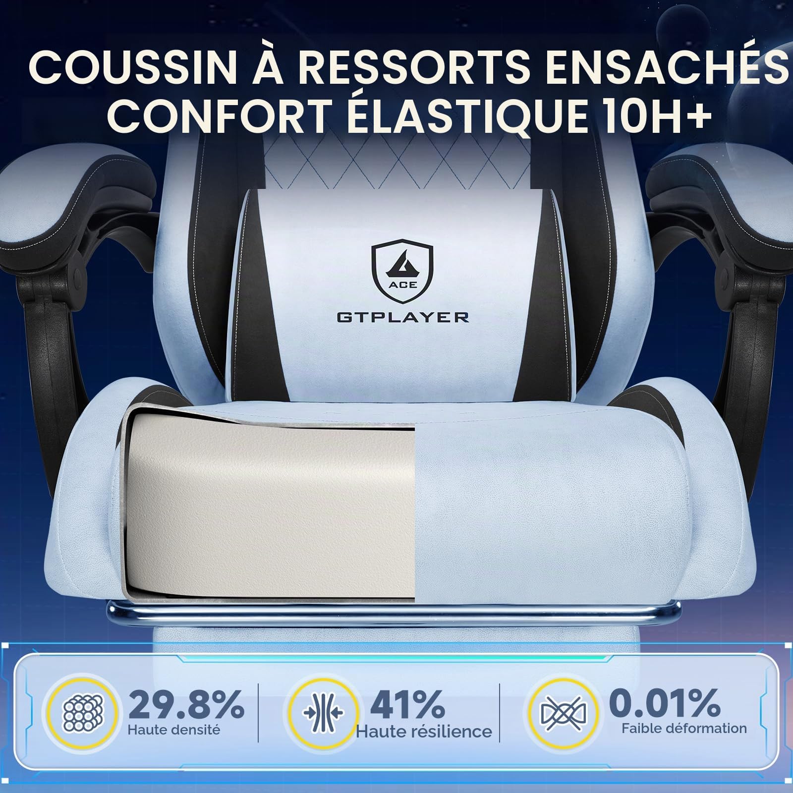 GTPLAYER Chaise de Jeu, Ergonomique, en Velours High-Tech, avec Soutien Lombaire - Chaise PC avec Dossier élargi - Charge maximale : 150 kg - Bleu Claire