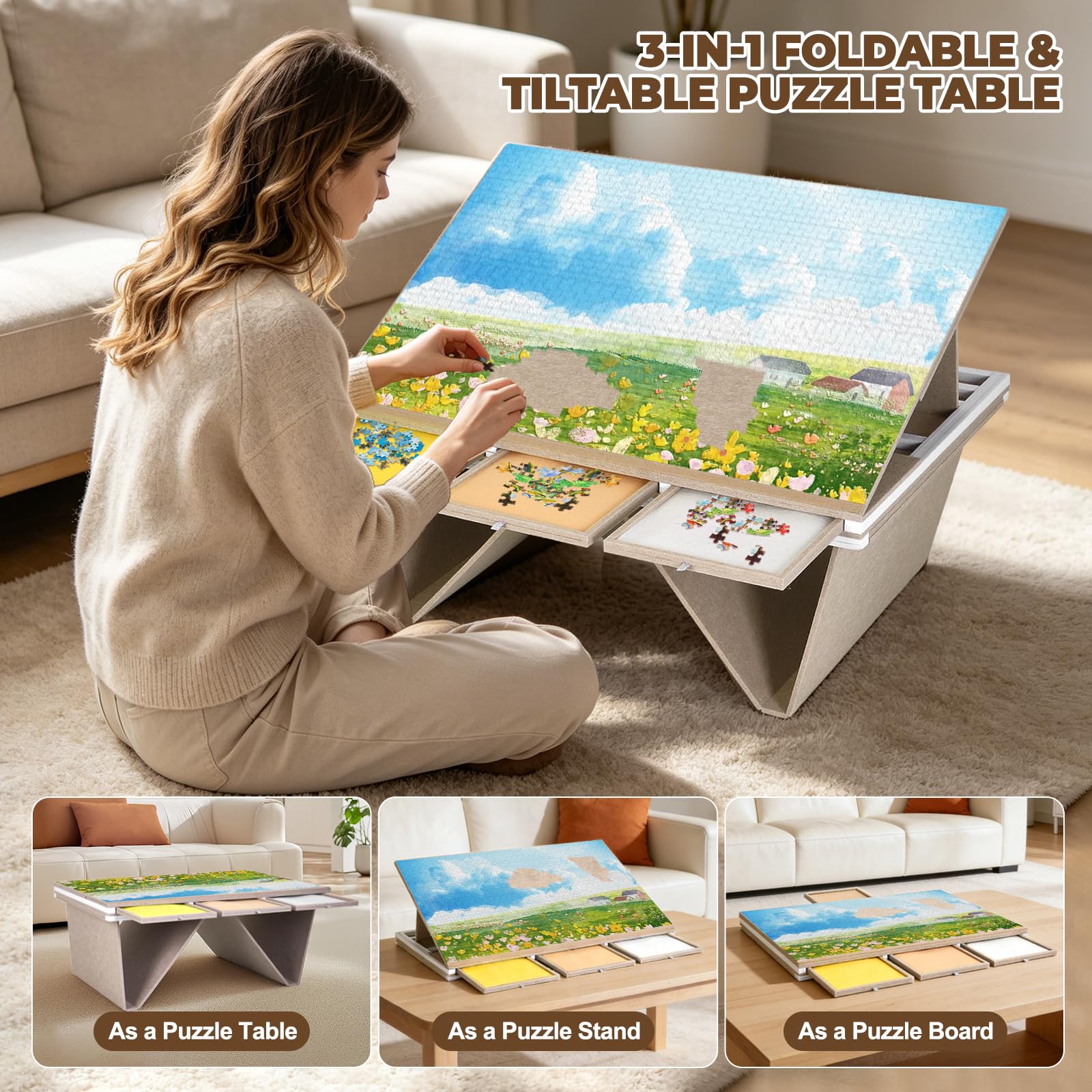 Table de Puzzle inclinable 3 en 1 avec Pieds Pliables, Angle réglable, Surface en Feutre Compatible avec Les Puzzles de 1500 pièces, 4 tiroirs de Couleur, légère et Portable