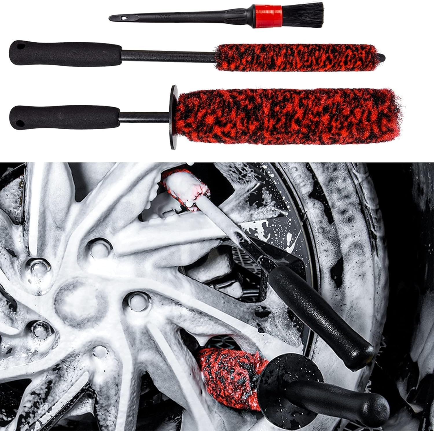 bzczh 3 Pcs Soft Wheel Brushes for Cleaning Wheels Kit - 1x Synthetic Soft Car Wheel Rim Brush，1x Long Handle Cleaning Brush and 1x Car Detail Brush,