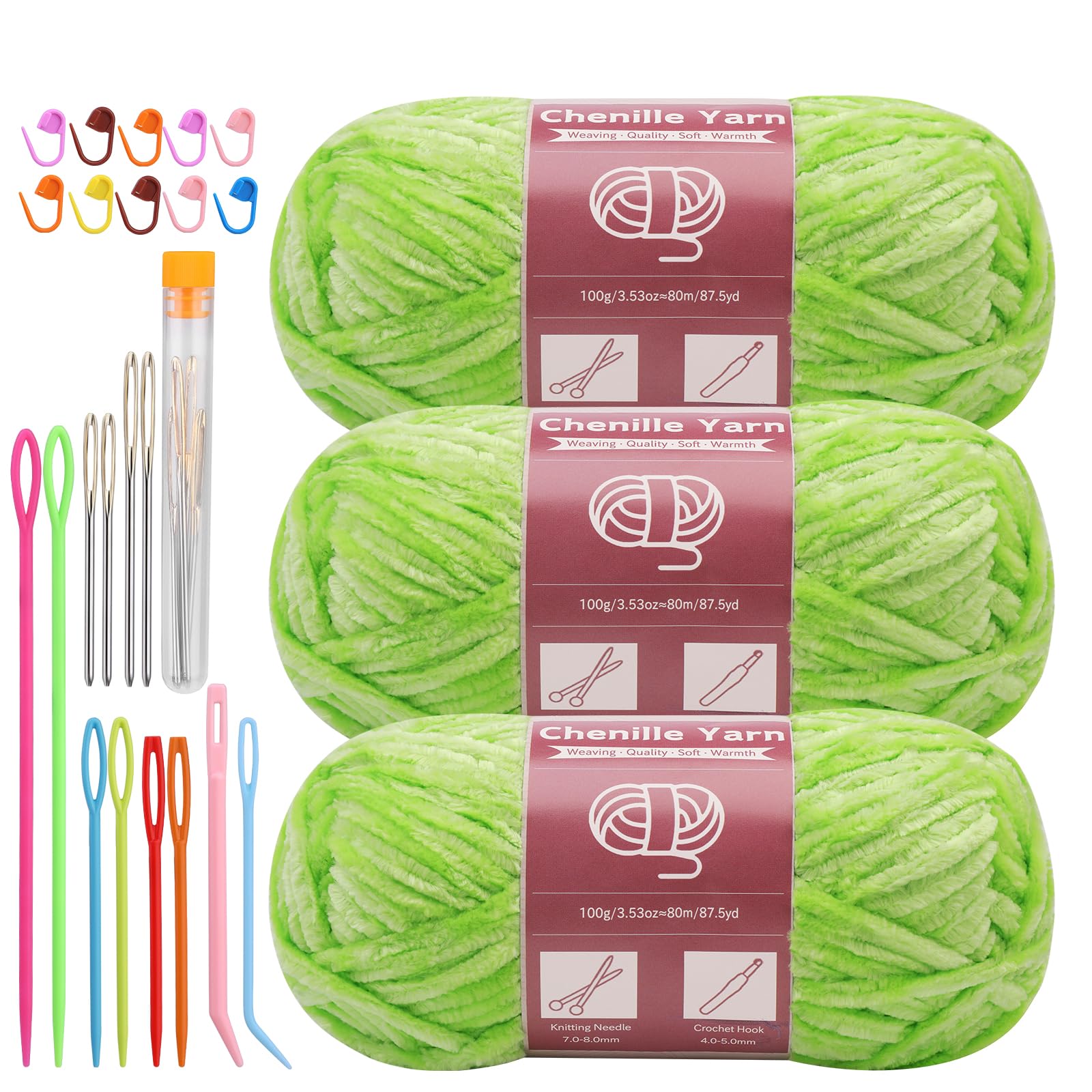LUNARM Chenille Yarn 3 Pack 3.5oz Chunky Blanket Velvet Yarn 263 Yard | Grass Green Chunky Chenille Yarn for Beginners Crocheting Hand Knitting Scarves with Big Eye Needles Machine Washable