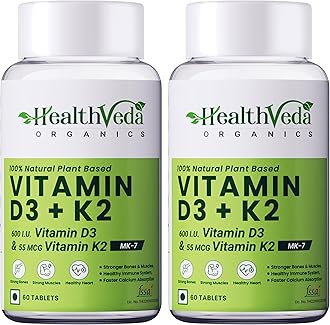 Health Veda Organics Vitamin D3 600 IU + Vitamin K2-7 (55 mcg) Tablets – Bone, Immunity & Joint Support Supplement for Men & Women – 60 Veg Tablets (Pack of 2)