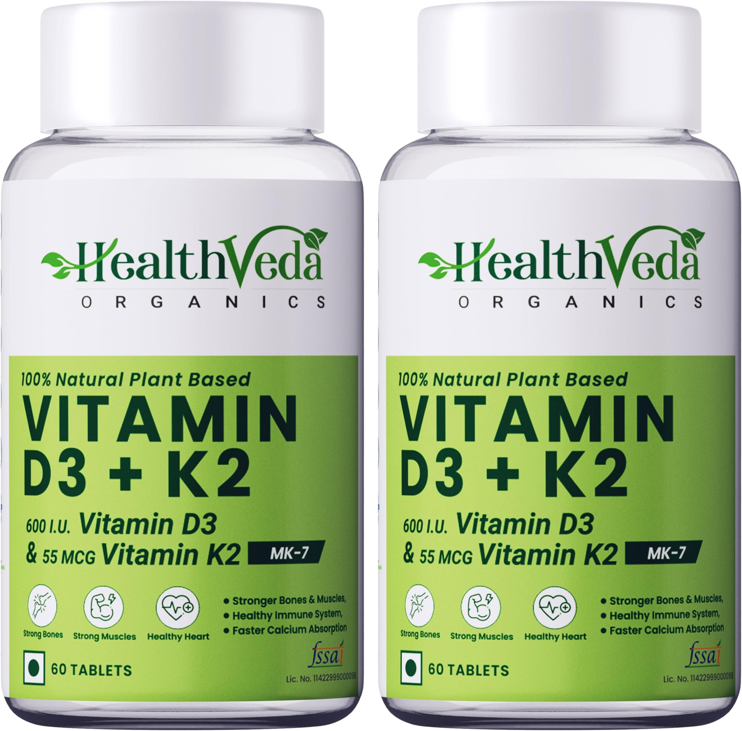 Health Veda Organics Vitamin D3 600 IU + Vitamin K2-7 (55 mcg) Tablets – Bone, Immunity & Joint Support Supplement for Men & Women – 60 Veg Tablets (Pack of 2)