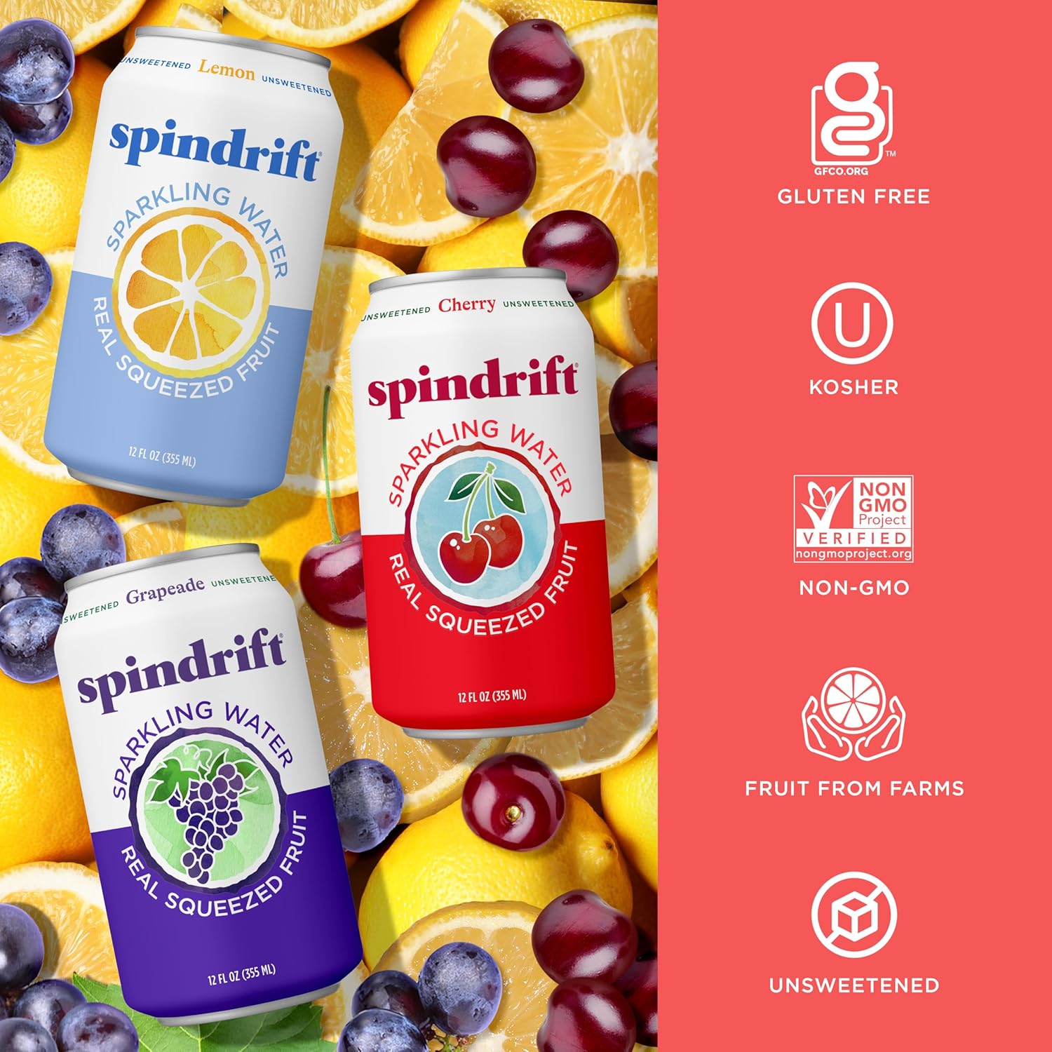 Spindrift Sparkling Water, Americana 3 Flavor Variety Pack, Made with Real Squeezed Fruit, 12 Fl Oz Cans, Pack of 24