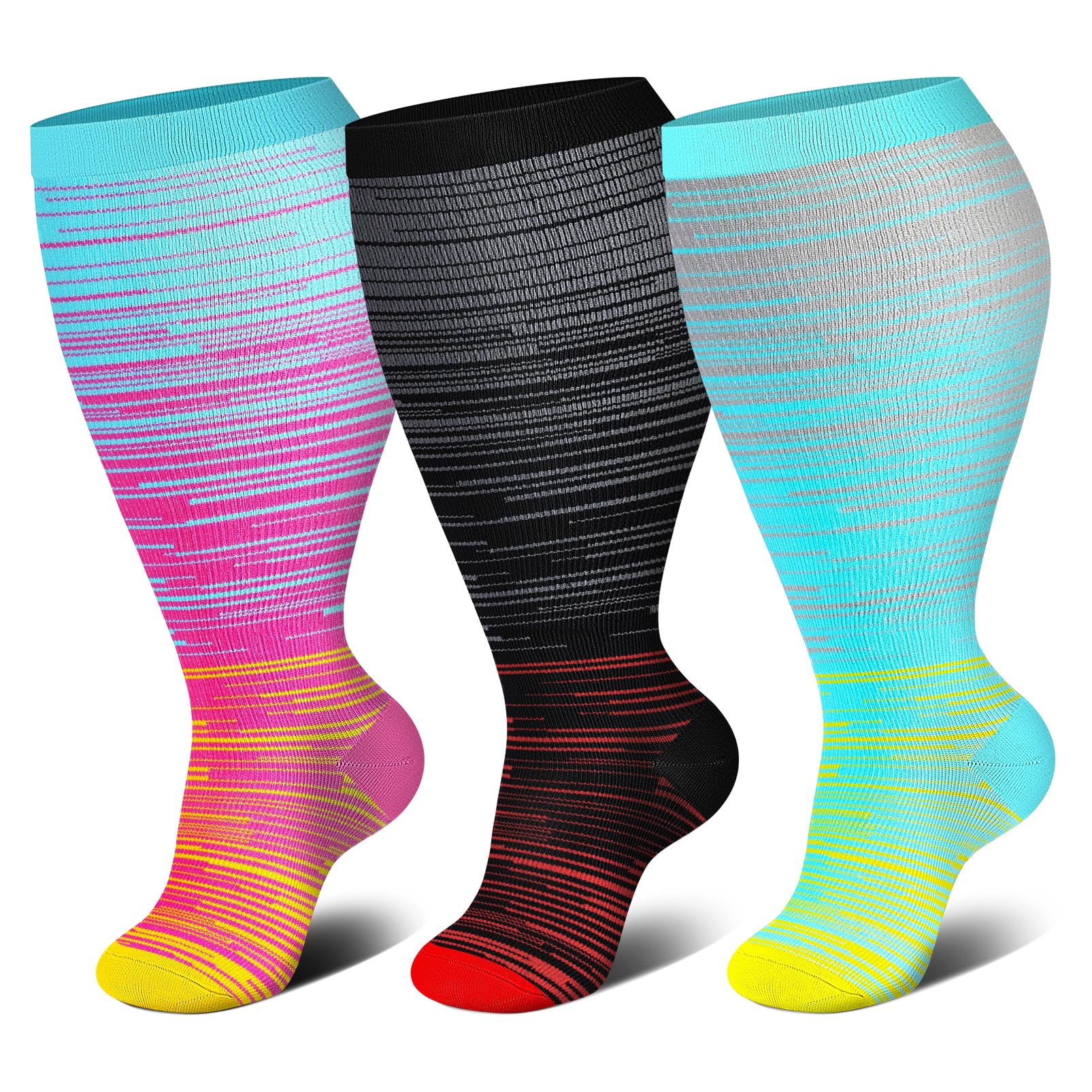 Genovega 3 Packs Wide Calf Compression Socks for Women Men Knee Hight S/M-4XL for Gifts