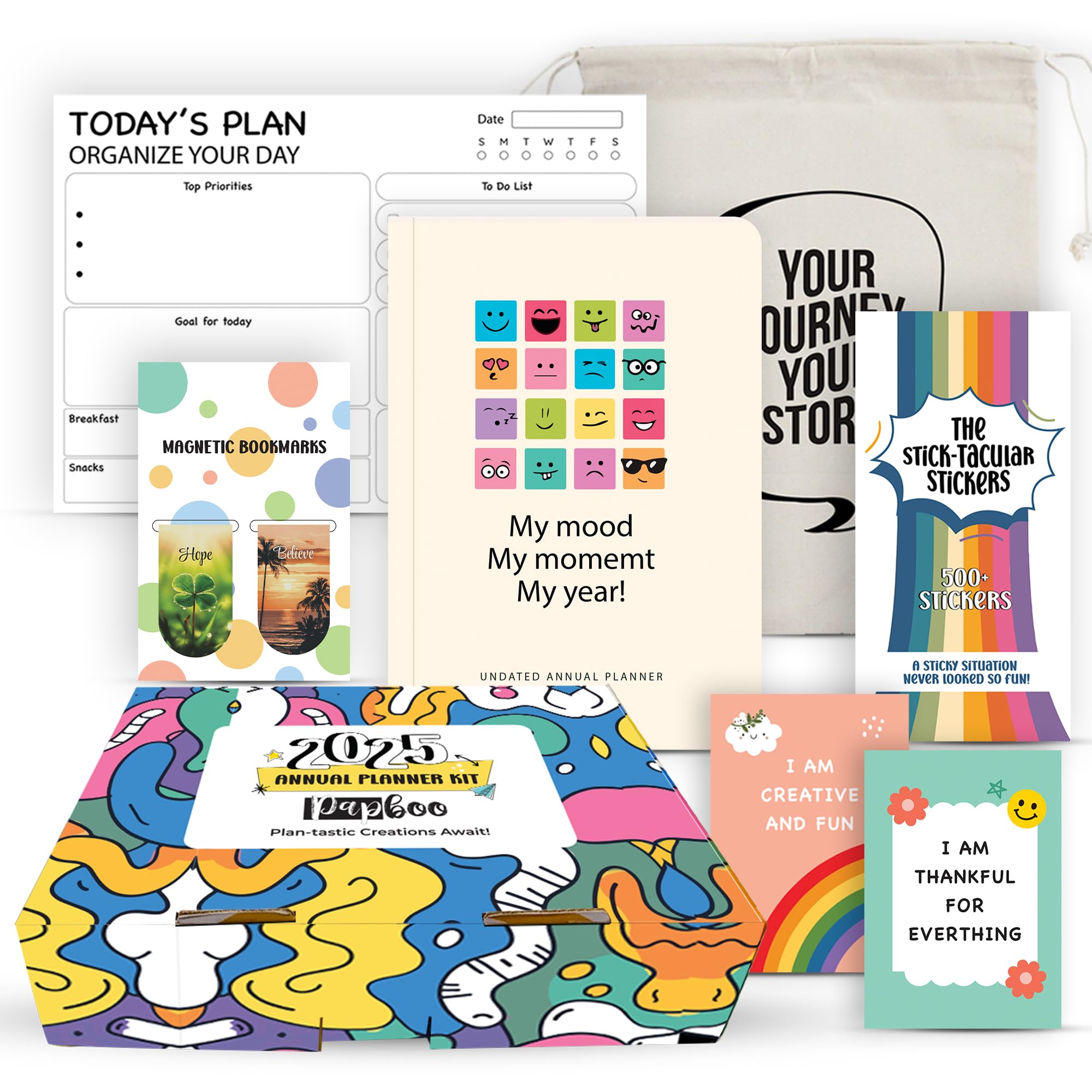 PAPBOO 2025 Undated A5 Annual Planner Hard Bound, 115 GSM 21.5 * 15.5 CM - 242 pages, Weekly Spreads, Monthly Reflection, Habit & Expense Tracker, Project Planner (My Mood Kit)