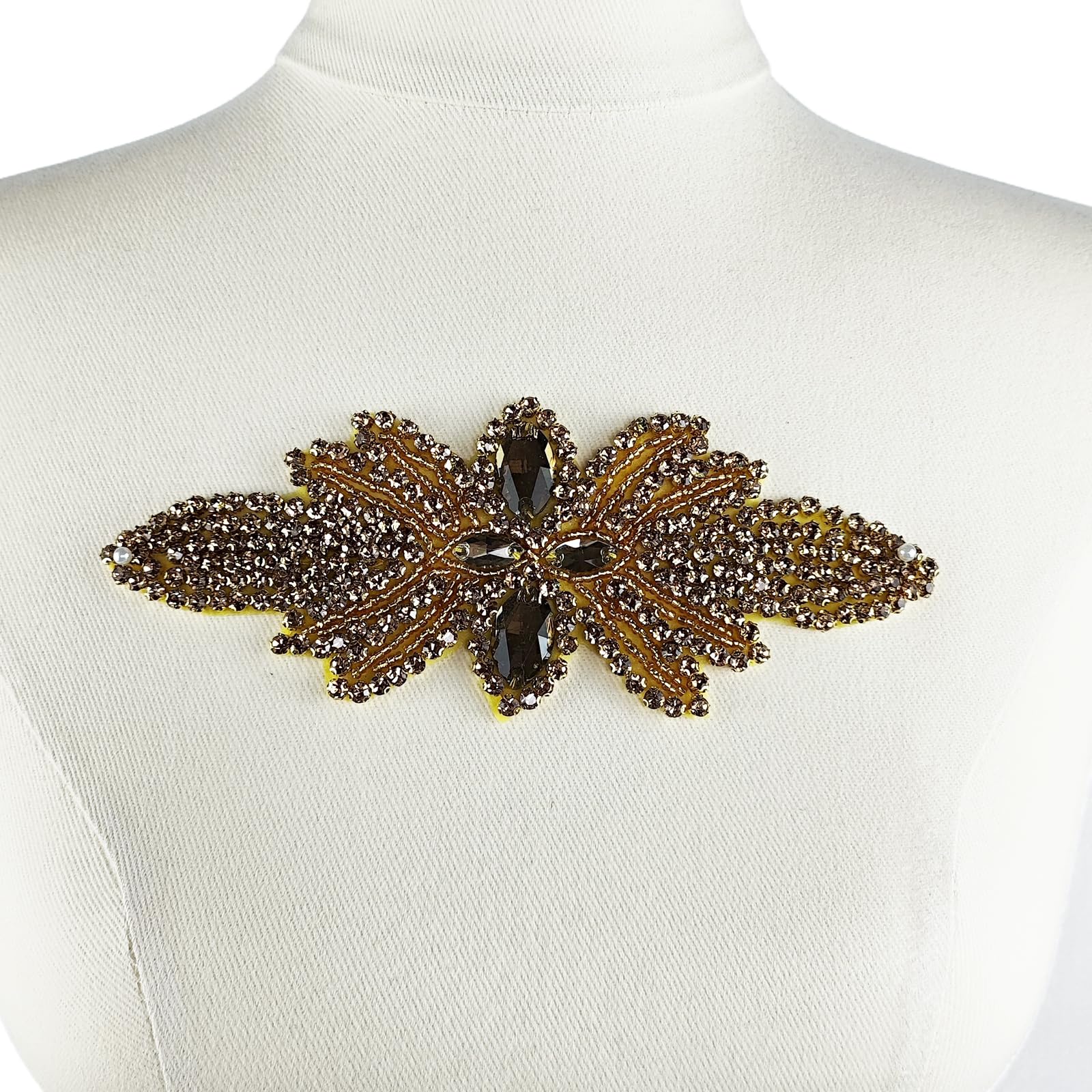 YOOGCORETT 1 PC Gold Rhinestone Applique Flowers Lace Patch Sew on Beaded Embroidery Lace Trim Applique Decor for DIY Sewing Clothing Bridal Wedding Dress Decoration 7.3"x 2.7"Inch