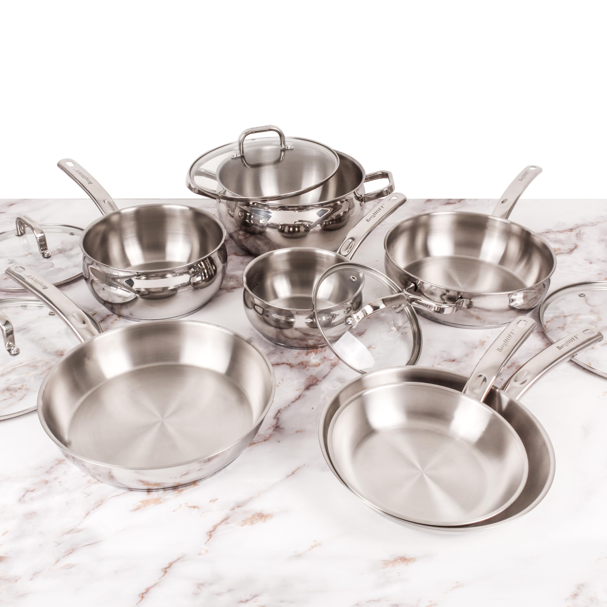BergHOFF Batterie de cuisine 12 pièces en acier inoxydable 18/10 avec couvercles en verre, chaleur rapide, uniforme et prête pour plaque à induction
