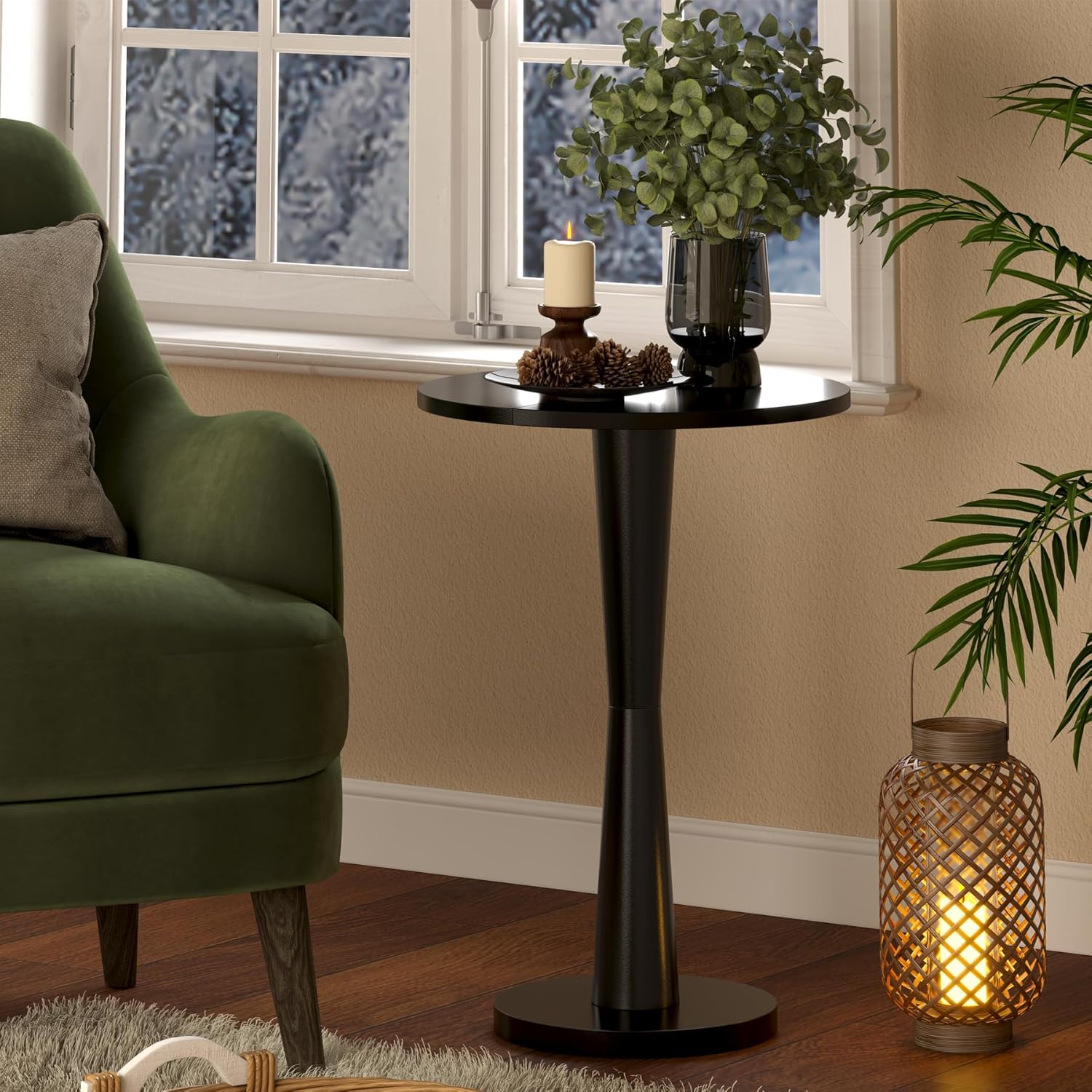 LAATOOREE Round Side Tables Set of 2, Pedestal Drink Tables, Accent End Tables, 15" Large Tabletop, Solid Wood Leg for Small Space, Living Room, Bedroom, Corner (2, Black)