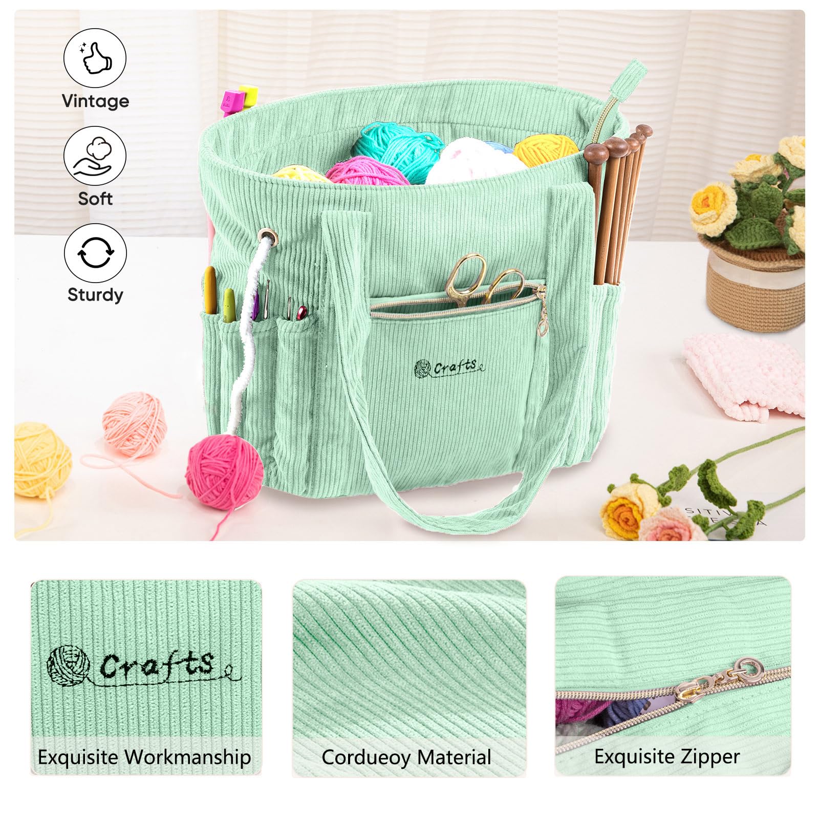 MYABGZING Häkeltasche aus Cord – Große Garn-Aufbewahrungstasche mit Ösen, Taschen und Nadelhaltern – Stricktasche Organizer für Häkelnadeln, Zubehör, Werkzeuge und Projekte – Geschenk für Stricker und