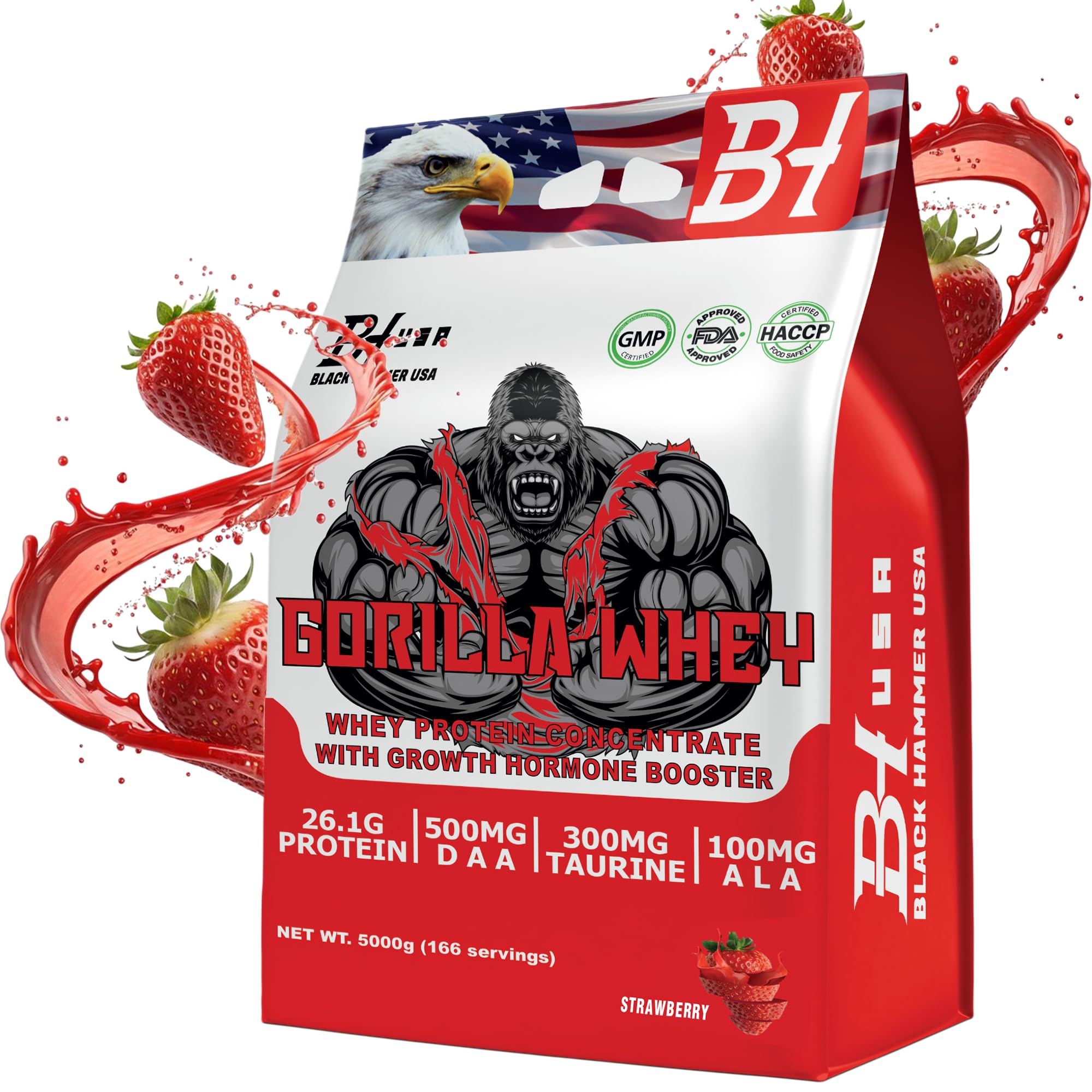 GORILLA Whey Protein 5KG + Free EAAs – Black Hammer USA Protein Powder for Muscle Growth & Recovery (5000g, Erdbeere)