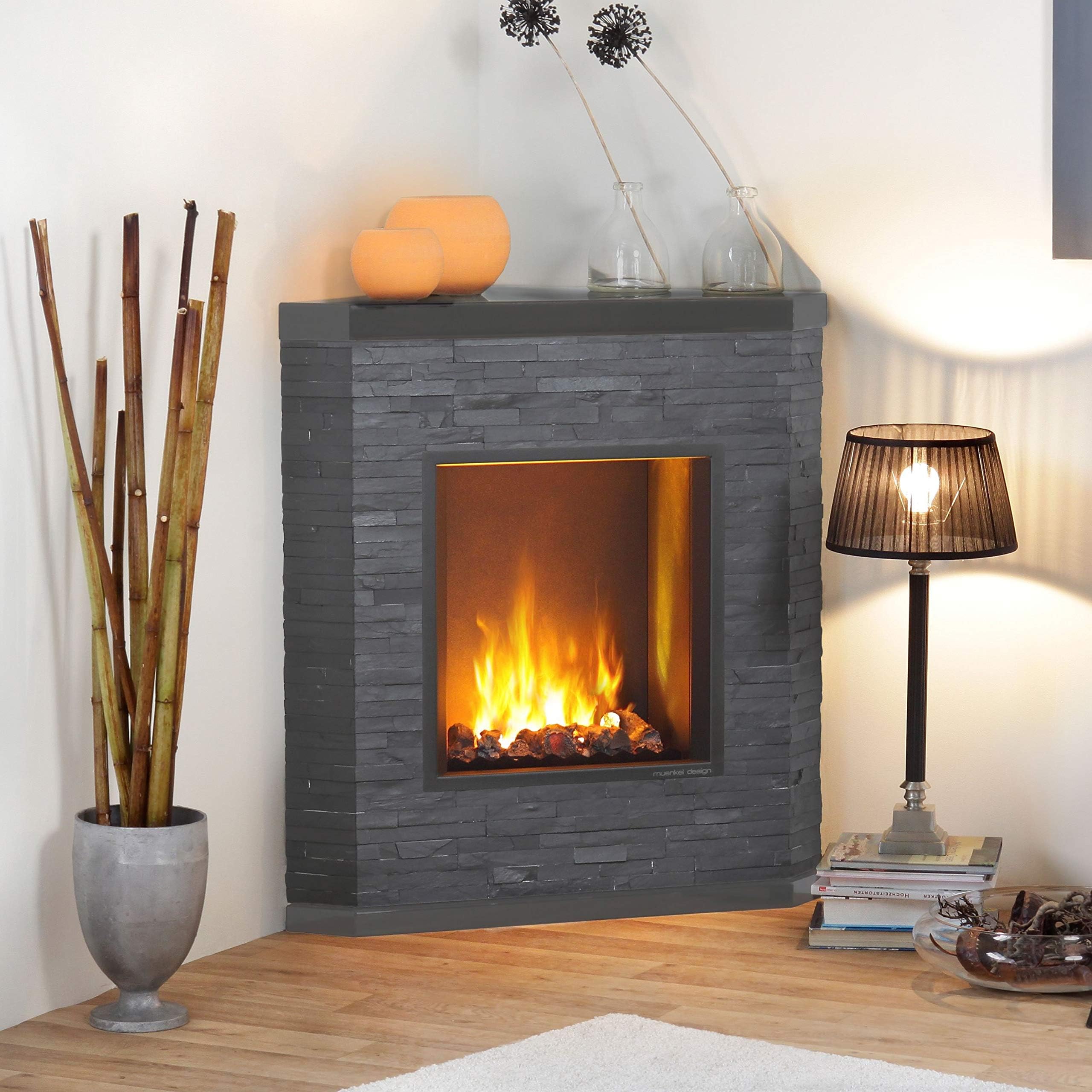 Muenkel Design Ardesio [Electric Corner Fireplace Opti-Myst Slate Dressed]: Engine 68 (Discrete Black)