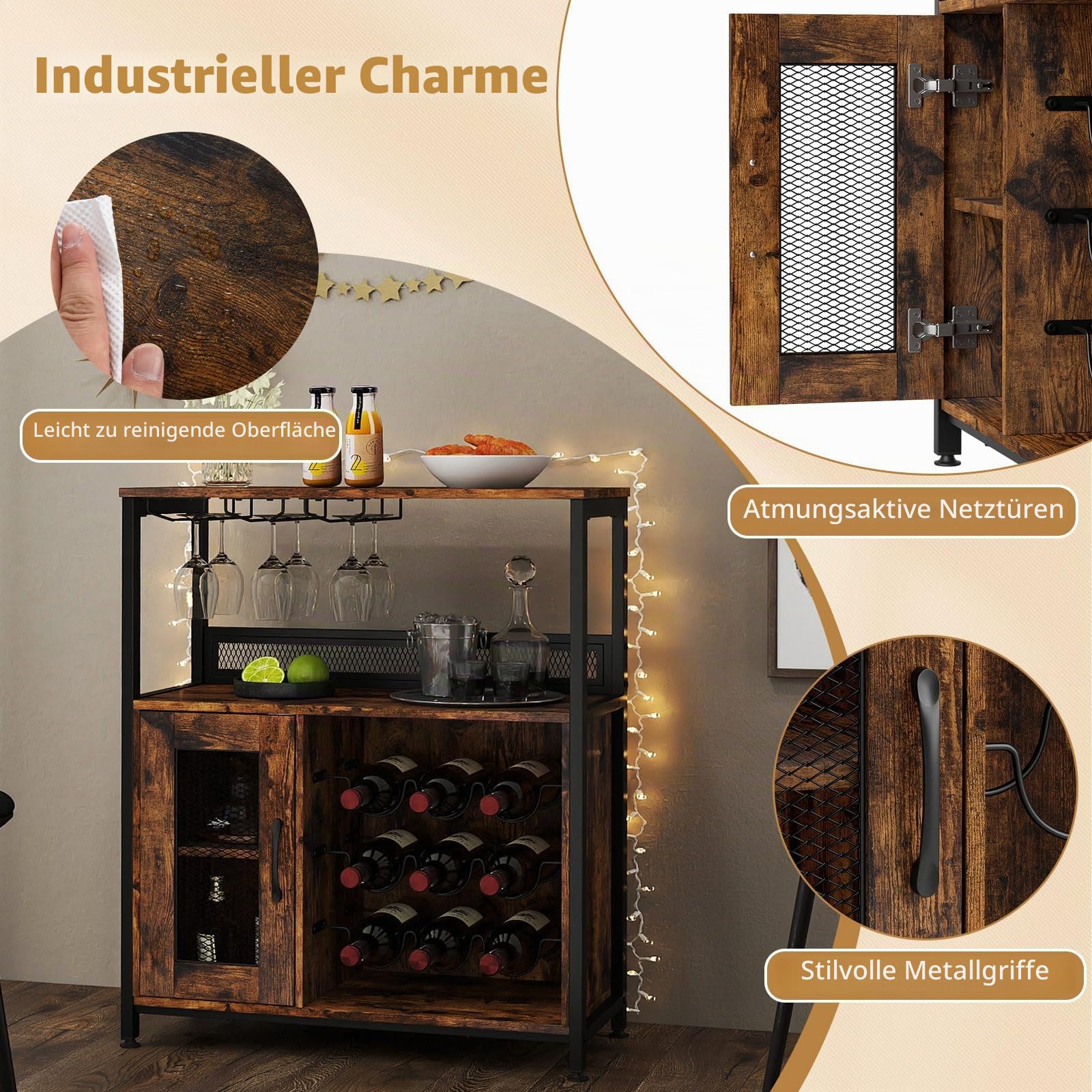 GIANTEX Weinschrank Barschrank Industrial, Weinbarschrank mit abnehmbarem Weinregal & 3 Glashaltern, Küche Hausbar Küchenschrank mit Metallgittertüren, Kommode Sideboard Buffetschrank 75 x 34 x 90,5cm