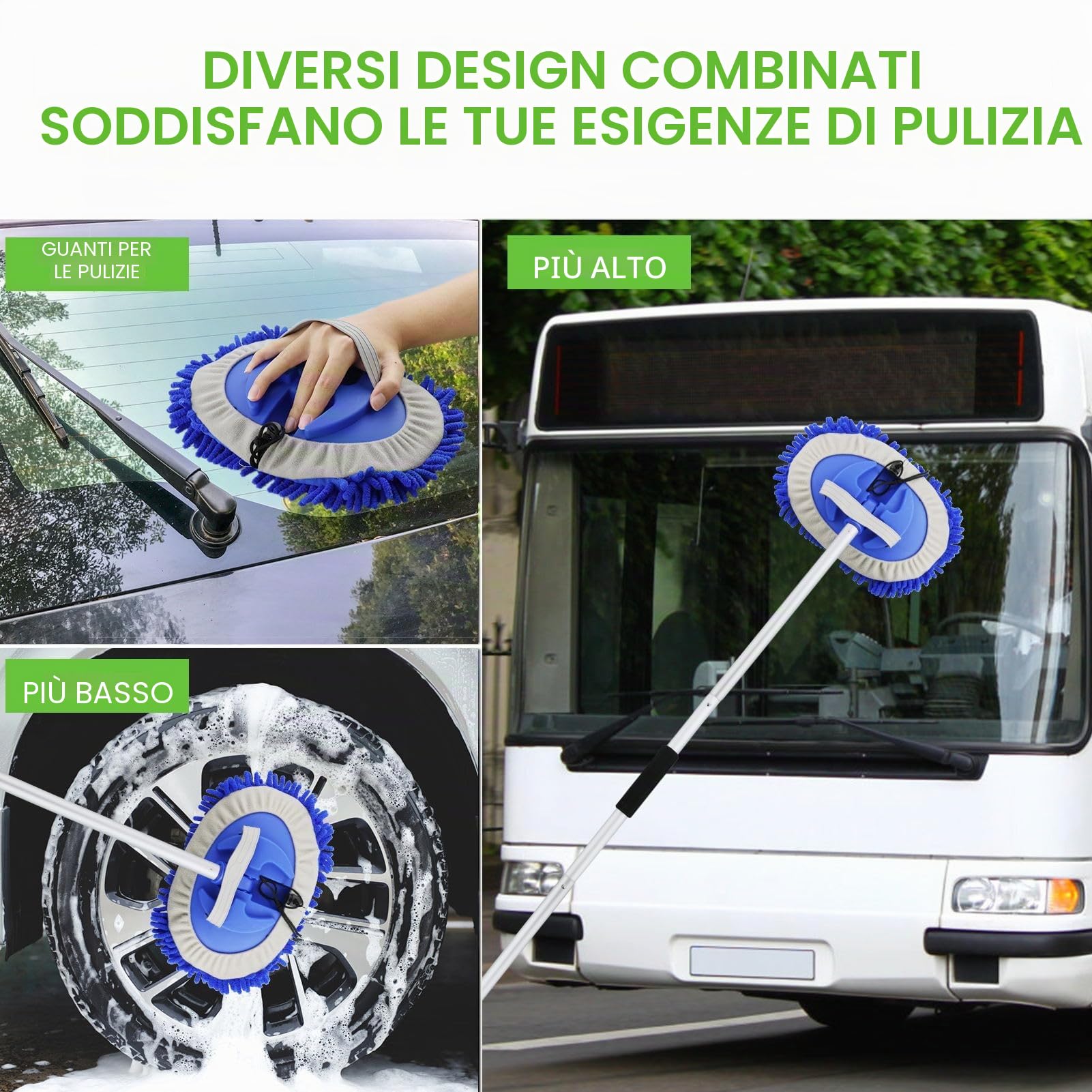 160 cm Spazzola di Pulizia per Lavaggio Auto con Manico Lungo,2 in 1 Spazzola Lavaggio Auto in Microfibra,per Campeggio, Auto, Sostituzione mop(3 Teste Ricambio)