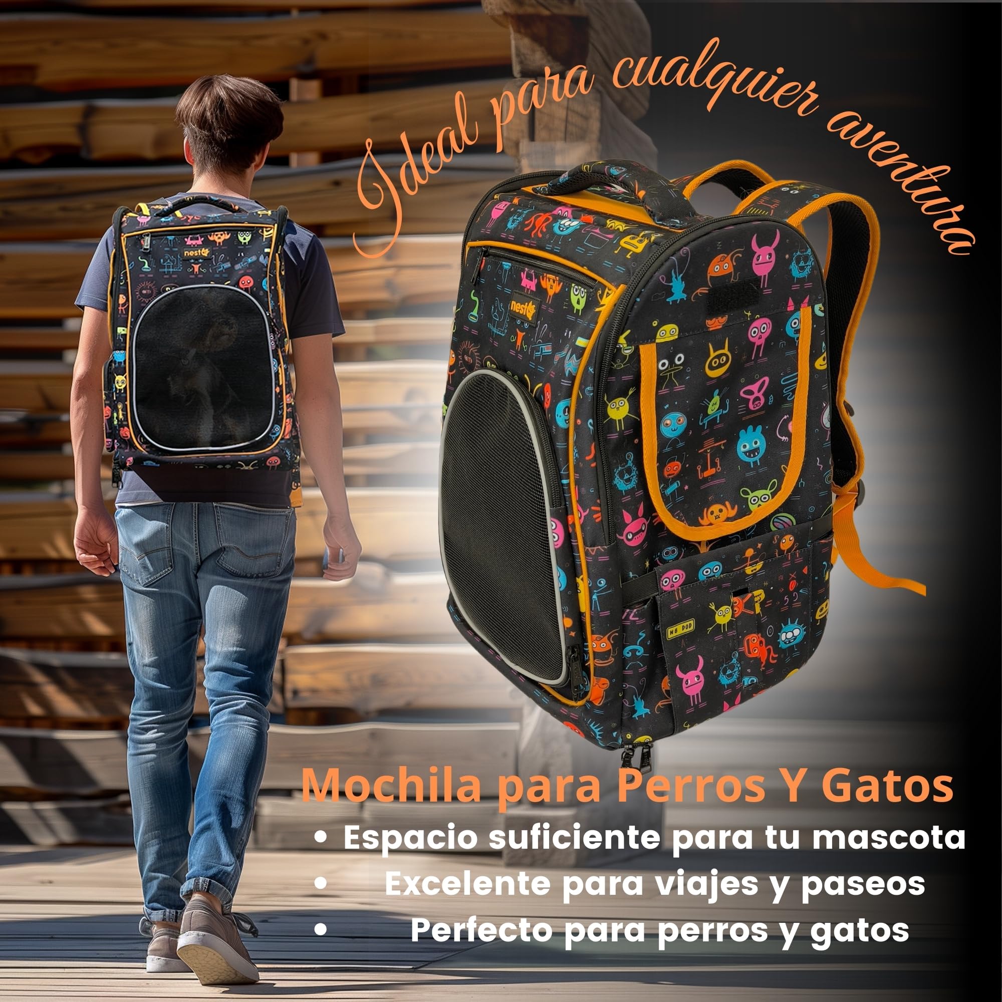 Mochila Transportín Perros Gatos 5kg Extraterrestres 45x35x30 | hasta 5 kg, 45x35x30, para gatos/perros