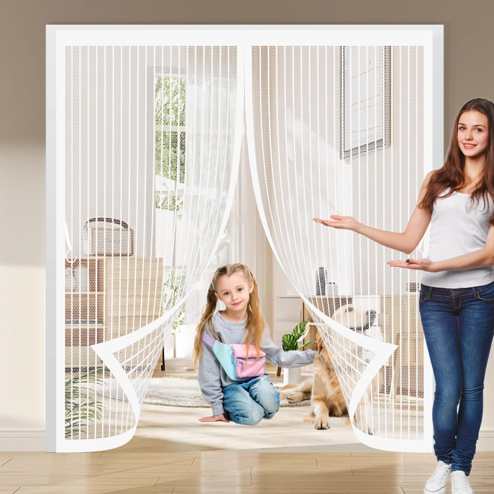 Fly Nets for Doors 135 x 210 cm with Powerful Magnets & Full Frame Magic Tape No Gap, Lets Fresh Air in, Keep Bugs Out Magnetic Door Screen for Patio Doors Bedroom, White