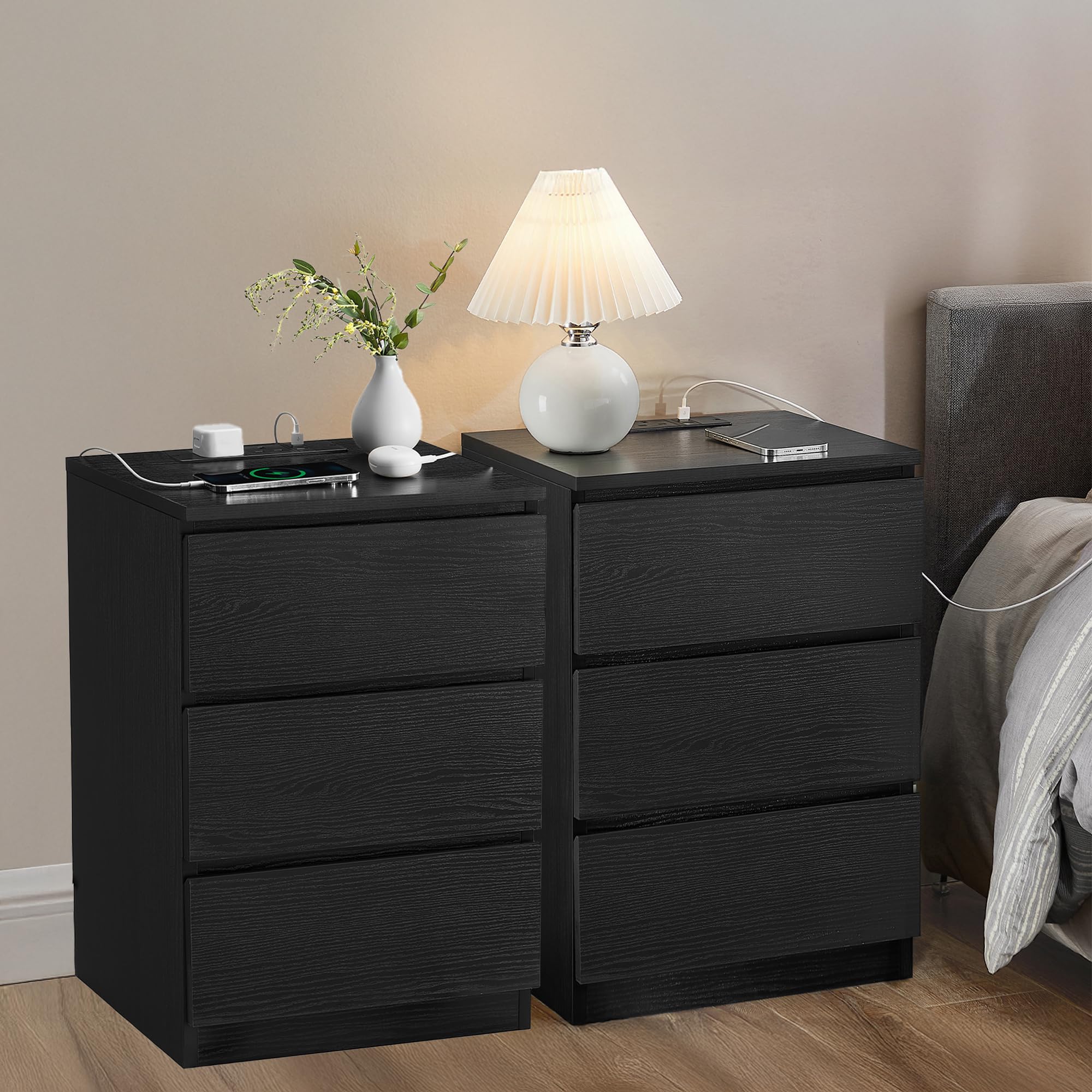 VASAGLE Bedside Tables with Power Strip, Set of 2 Side End Tables with Drawers, 2 AC OutLETs, 2 USB Ports, for Living Room, Bedroom, Study, Ebony Black KAILYN Collection LET831B57