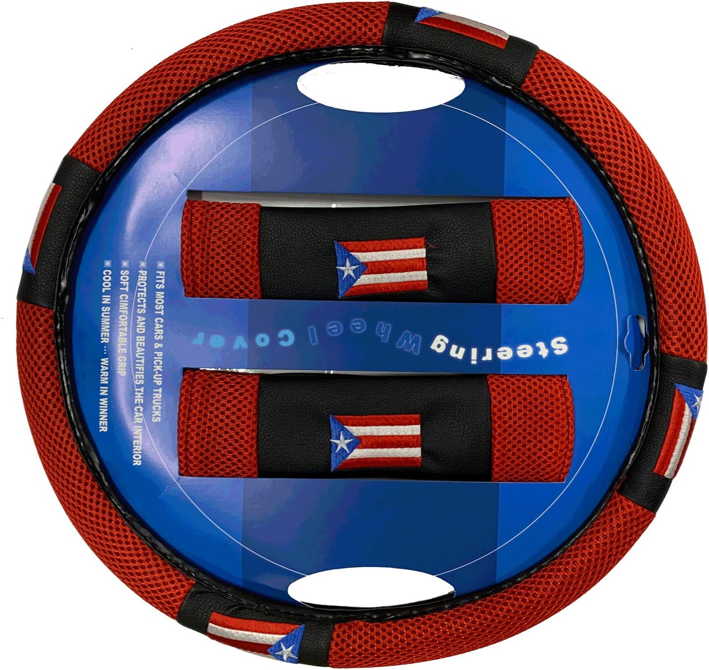 Puerto Rico Flag Steering Wheel Cover Red & 2 Seat Belt Pads