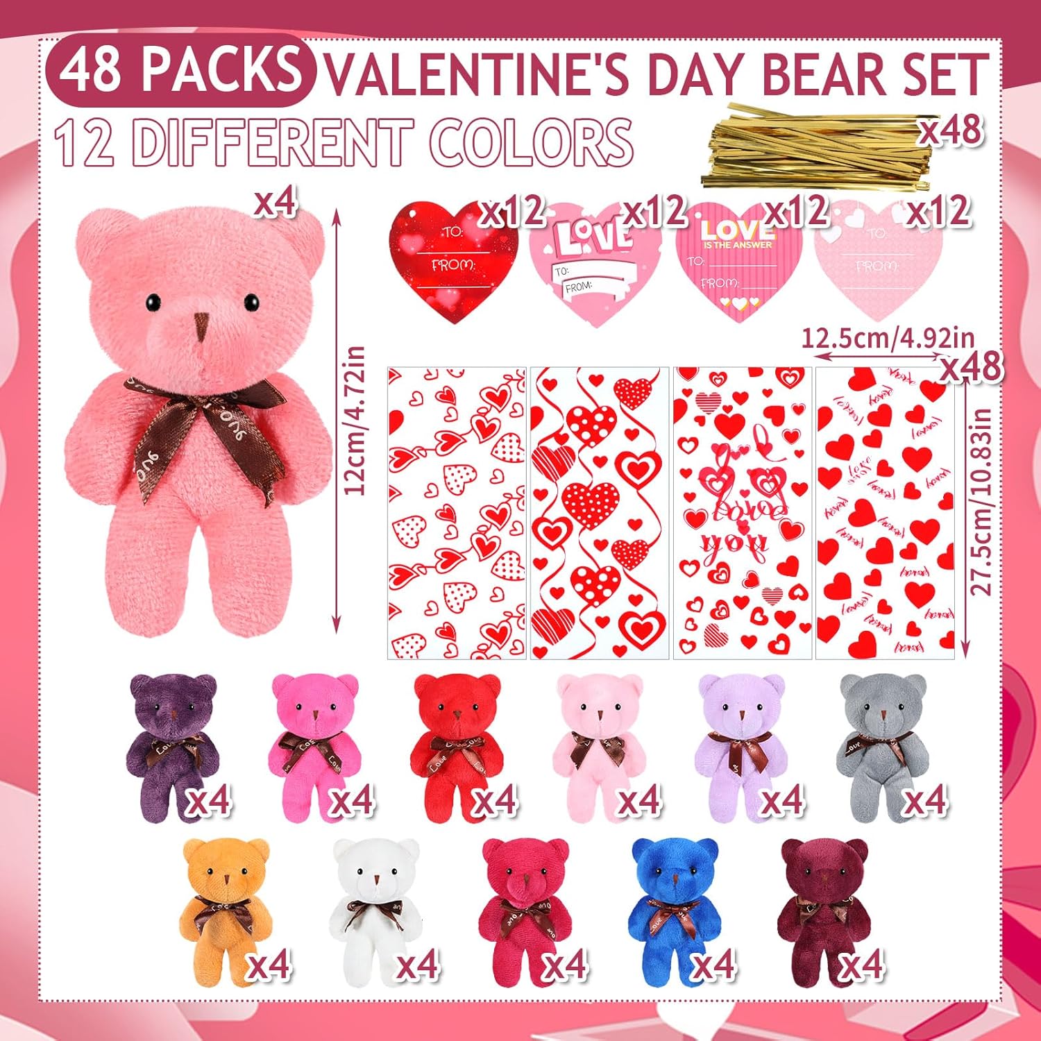 Zonon 48 Pack Valentine's Day Mini Plush Bears Set, 4.72 Inch Tiny Stuffed Animals with Gift Bags (Twist Ties) and Heart Cards, Classroom Exchange Party Favors(Mixed Color)