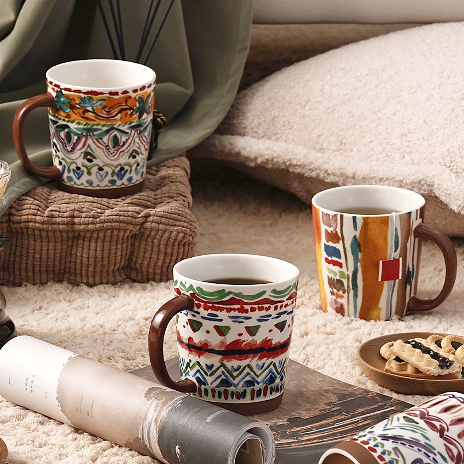 Kreative Handbemalte Kaffe Becher, Trinkbecher mit Henkel, Retro & Stilvoll, Rutschfest & Verbrühungssicher, Ein Tolles Geschenk für Zuhause und Das Büro(Natural4)