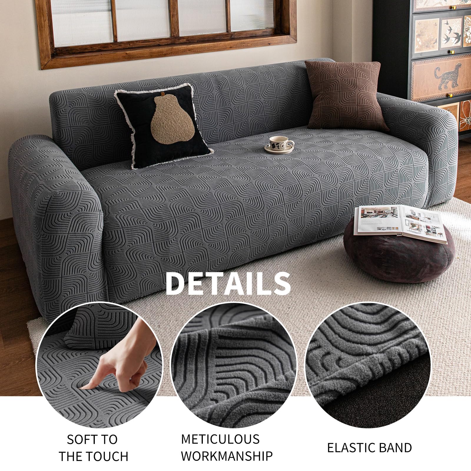 Copridivano 3 posti, Antimacchia Lavabile Telo Copridivano, Morbido e Traspirante, Jacquard in Poliestere Antiscivolo, Copridivani Elasticizzati (3 Seduta, Grigio scuro)