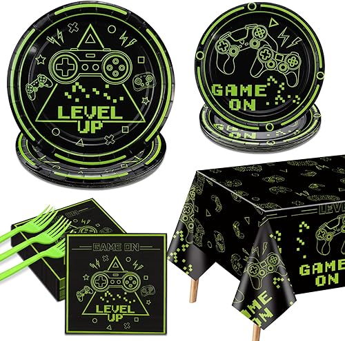 Decoraciones de fiesta de videojuegos  81 piezas de decoraciones de cumpleaños verdes con juegos que incluyen platos de juego, servilletas, mantel