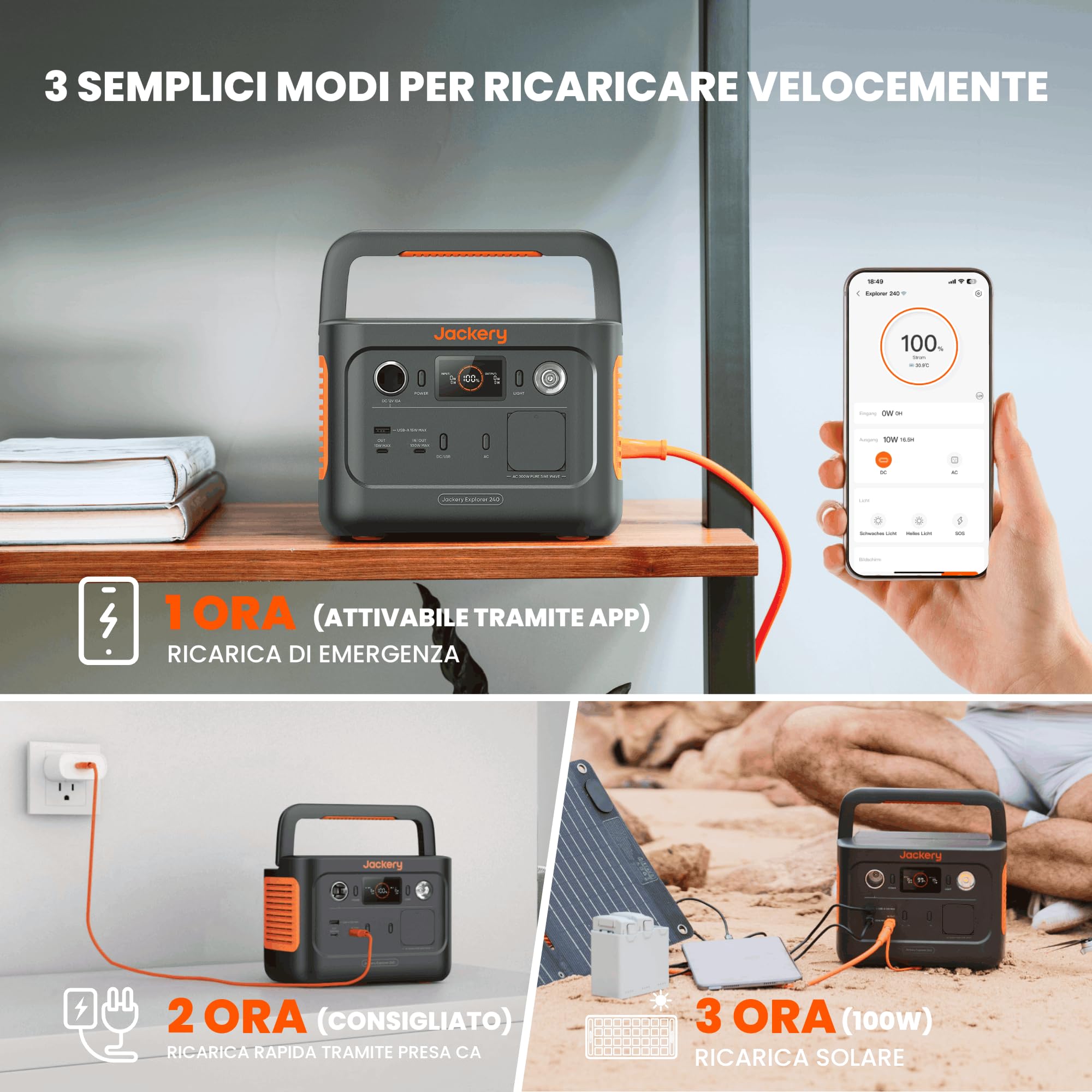 Jackery Explorer 240 V2 Stazione Elettrica Portatile, 256Wh Batteria LiFeP04, Uscita da 300W CA/100W USB-C, Ricarica Completa Rapida 1H, Generatore Solare per Esterno,Campeggio,Emergenza (2024 Nuovo)