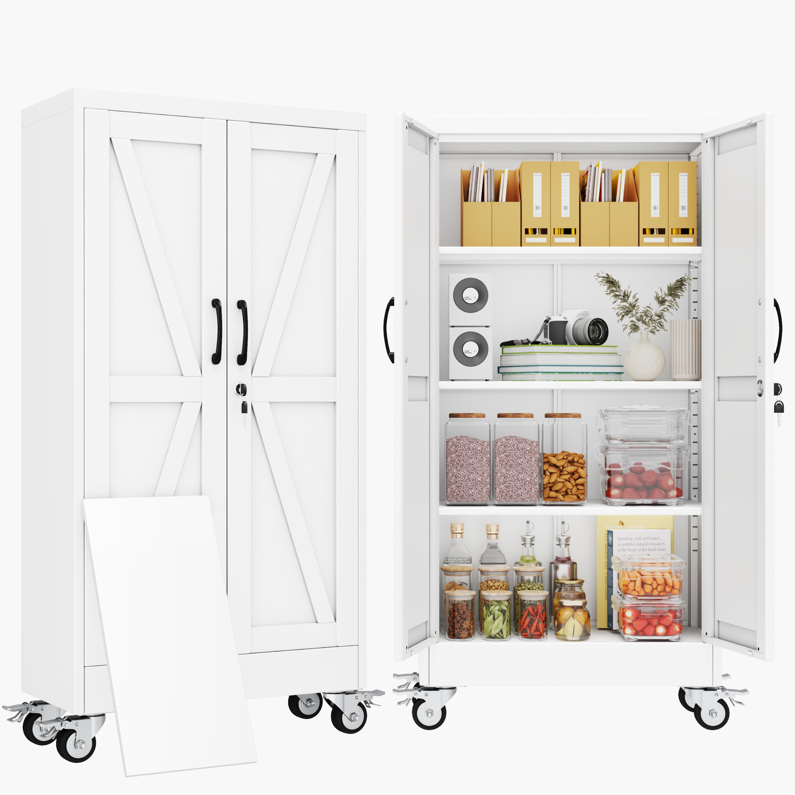 47" Metal Garage Storage Locker Cabinet with Wheels,Rolling White Lockable Tool Cabinet with 2 Doors and 3 Adjustable Shelves, Steel File Cabinet for Home Office Warehouse Gym