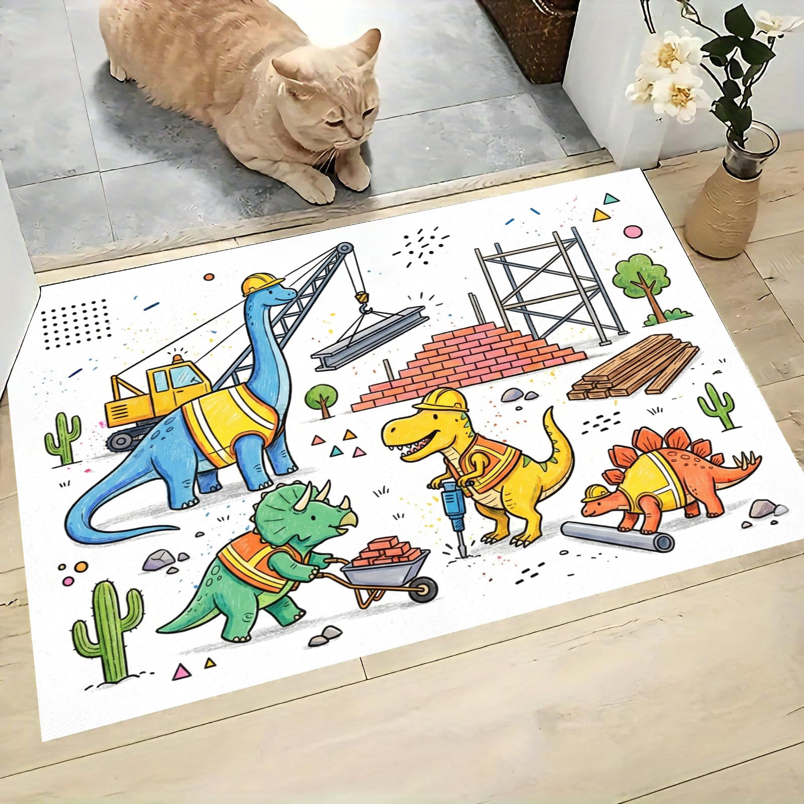 Felpudo de Entrada Dinosaurios Grúas Ladrillos, 80x120cm Alfombra para Puerta Constructores Dinosaurios, Antideslizante, Lavable Alfombrilla para Atrapar Suciedad para Pasillo, Cocina, Dormitorio