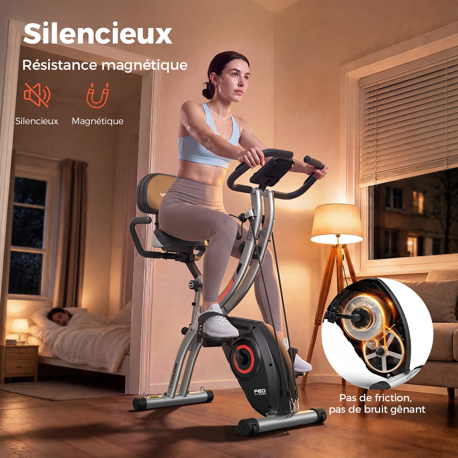 YOSUDA Vélo d'Appartement avec App et Écran LCD, 5 en 1 Velo D Appartement Pliable avec Silencieux Résistance Magnétique 8/16 Niveaux, Mesure du Pouls, Bande de Résistance,Capacité 150/172 kg