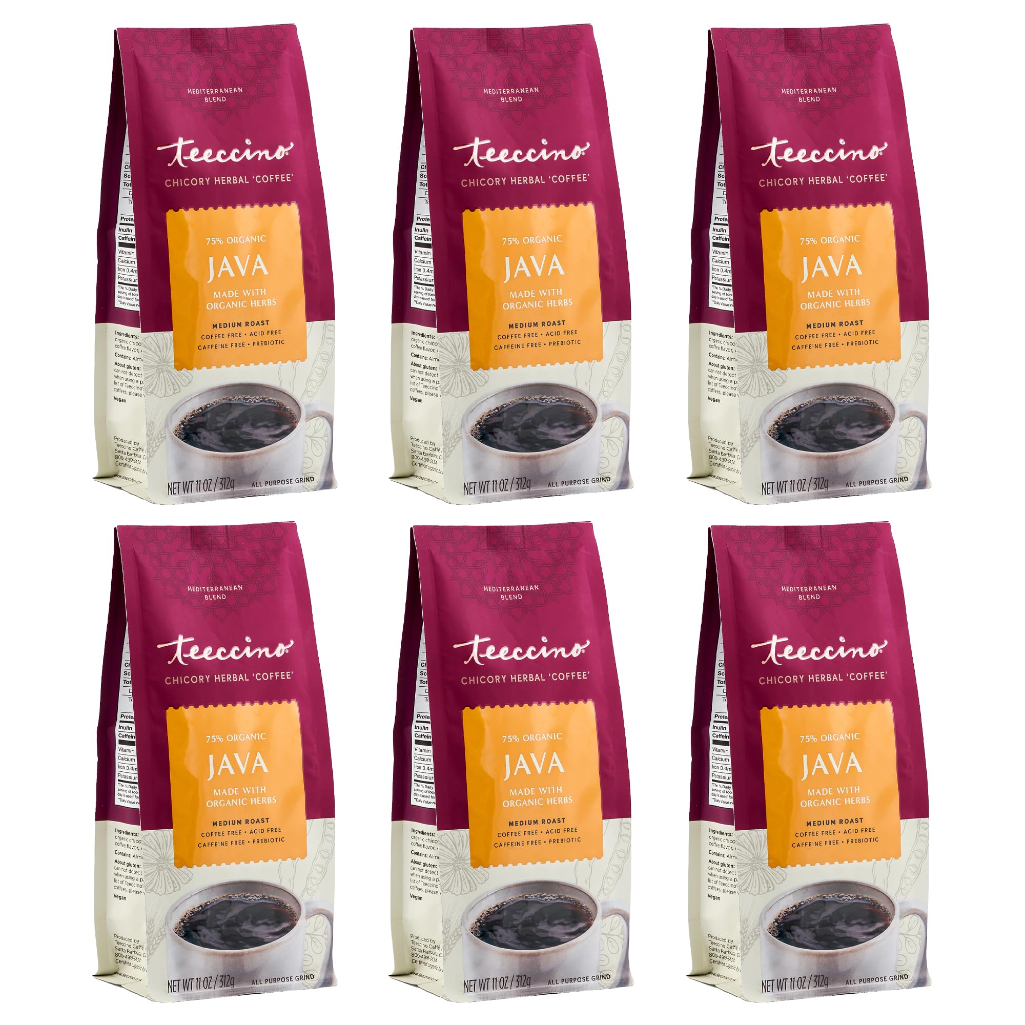 Teeccino Java Chicory Coffee Alternative - Ground Herbal Coffee That’s Prebiotic, Caffeine Free & Acid Free, Medium Roast, 11 Ounce (Pack of 6)
