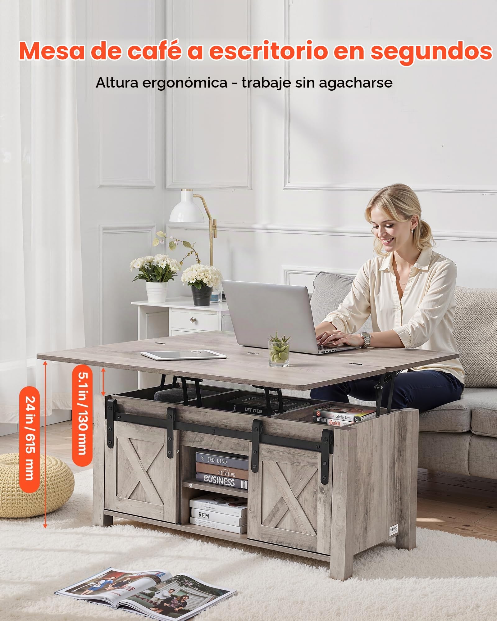 VEVOR Mesa de Centro Elevable 100 cm, Mesa de Café con Puerta Estilo Granero y Compartimento de Almacenamiento Oculto, Mesita de Salón o Comedor de Madera para Salón, Oficina, Hogar, Roble Rústico