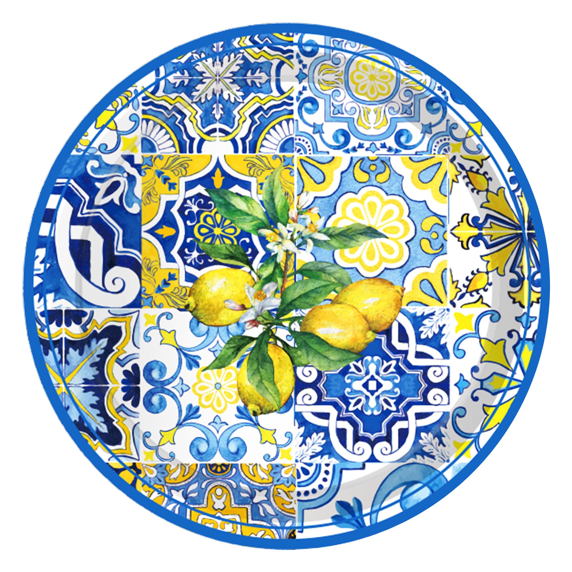 24PCS Capri Lemon Paper Plates 7 Inch Tiles Lemons Guest Party Plate Disposable Royal Blue and White Mediterranean Lemon Dessert Plates for Positano Lemons Holiday Party Decorations