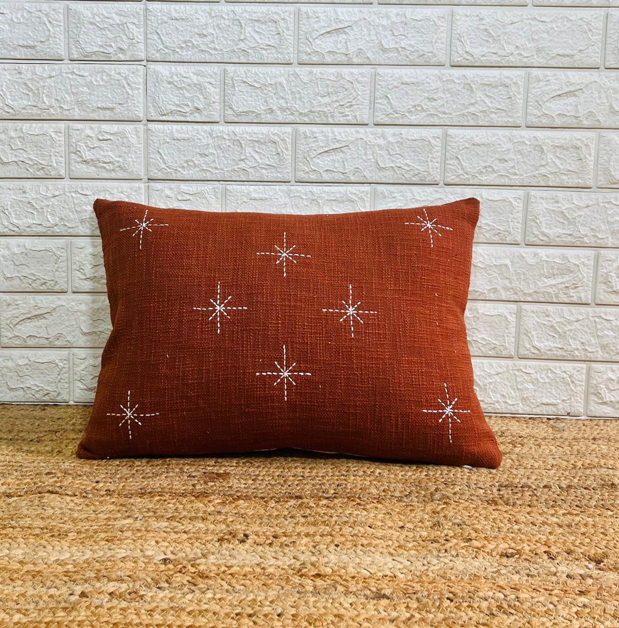 Handicraft Cotton Cushion Cover - Hand Stitched Embroidery Decorative Art Boho Pillow Star Shape Red Brick Hand Made Pillow Cover | Square Shape 14X20 Inches Cushion Cover-image-25