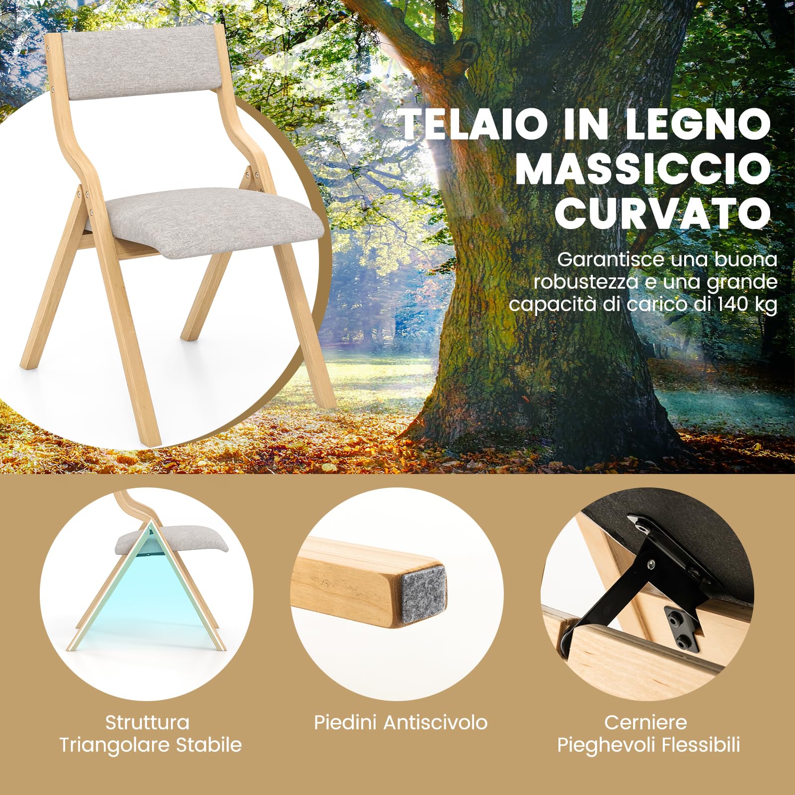 COSTWAY Set di 2 Sedie da Pranzo Pieghevoli, Sedie Imbottite con Telaio in Legno Massello e Sedile Imbottito in Tessuto di Lino, Aspetto Moderno Senza Braccioli per Cucina e Soggiorno (Naturale)