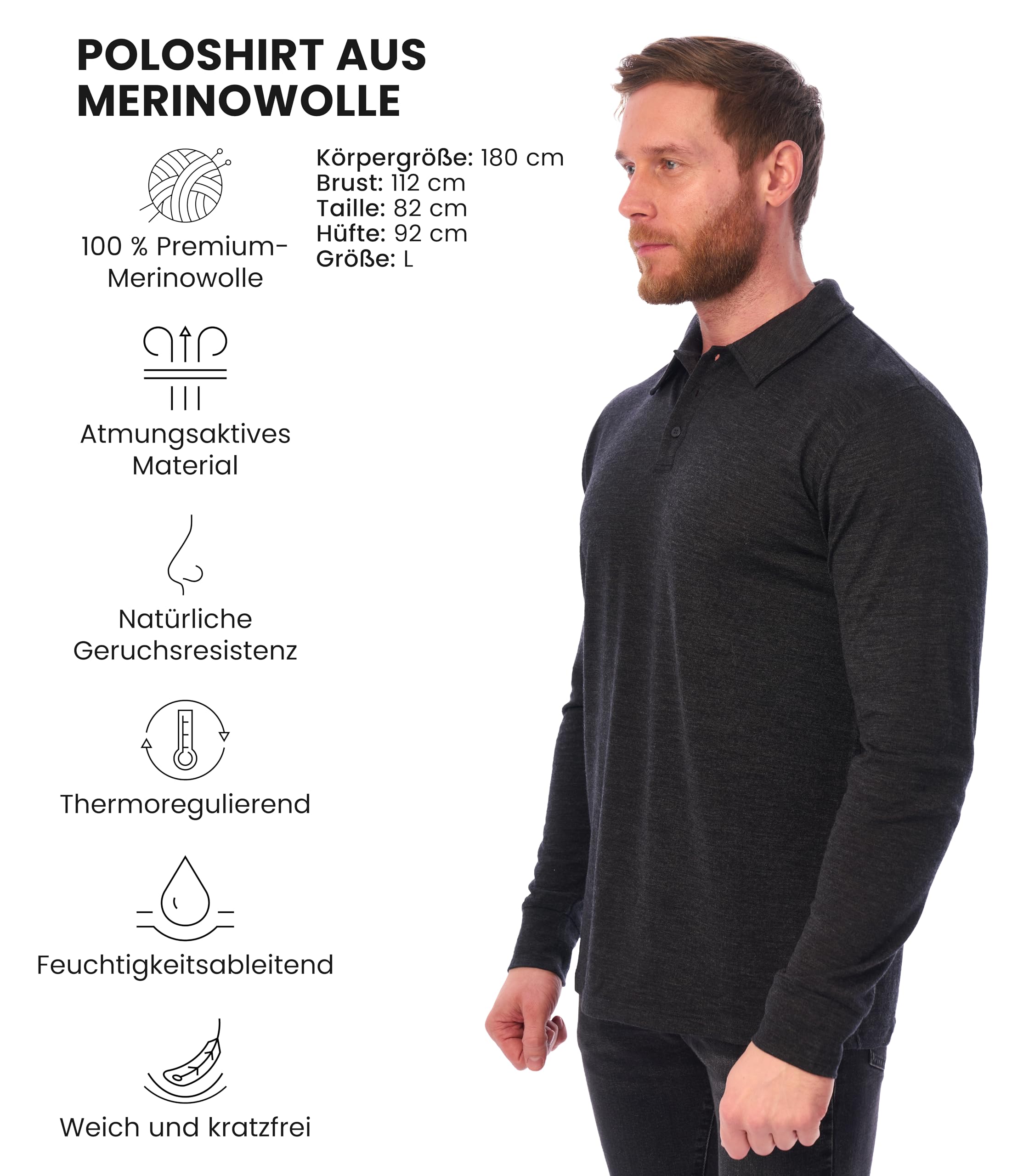 100% Merino Poloshirt Herren - Outdoor Atmungsaktiv Merino Shirt Herren Kurzarm Polo und Langarm Polo (XX-Large, Long Sleeve Charcoal)