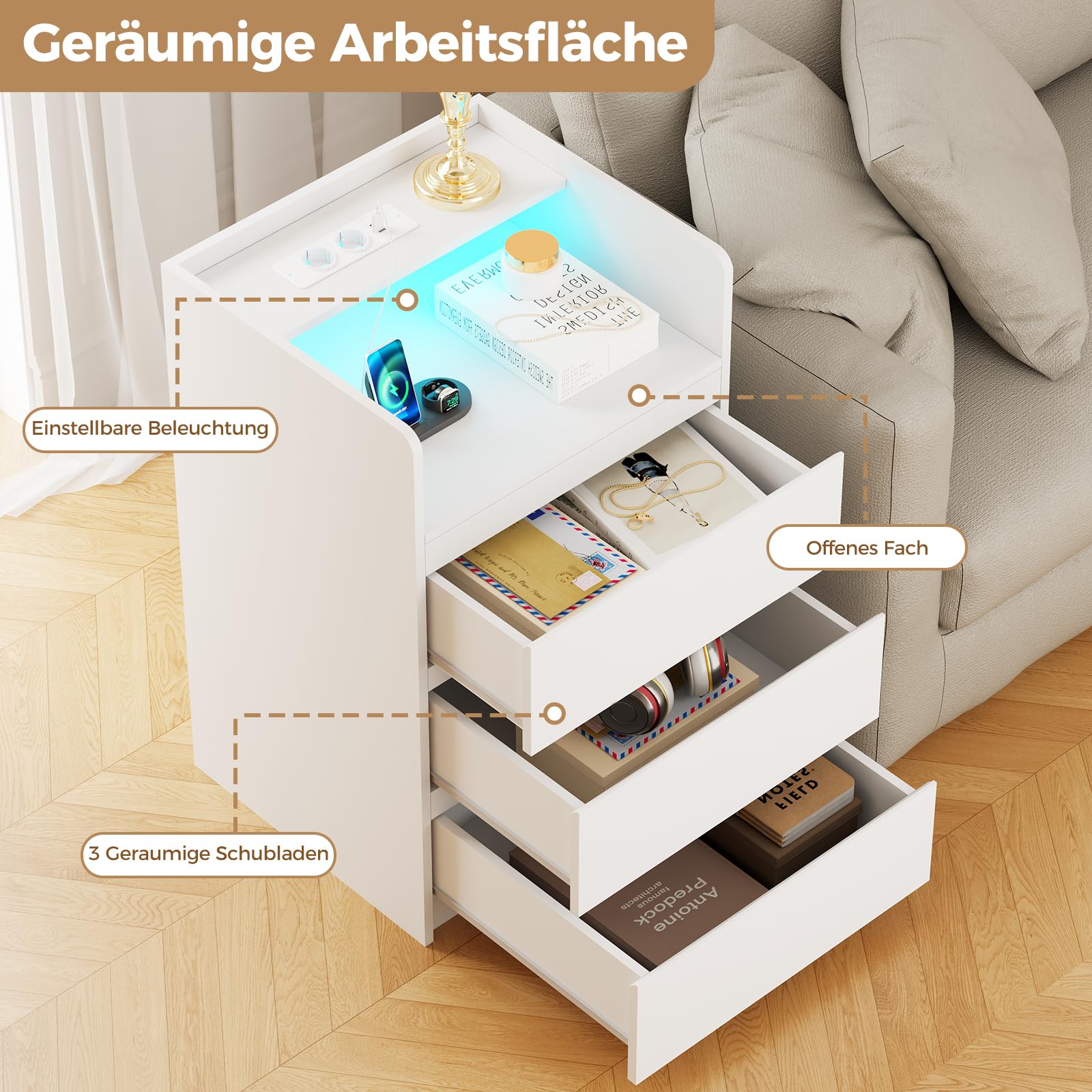 ANWBROAD Nachttisch mit Steckdose,Nachtschrank mit LED-Lichtleiste | 3 Schubladen und 1 Fach,Moderner Nachttische Beistelltisch,Sofatisch für Schlafzimmer,Wohnzimmer (2, Weiß) BNS014W