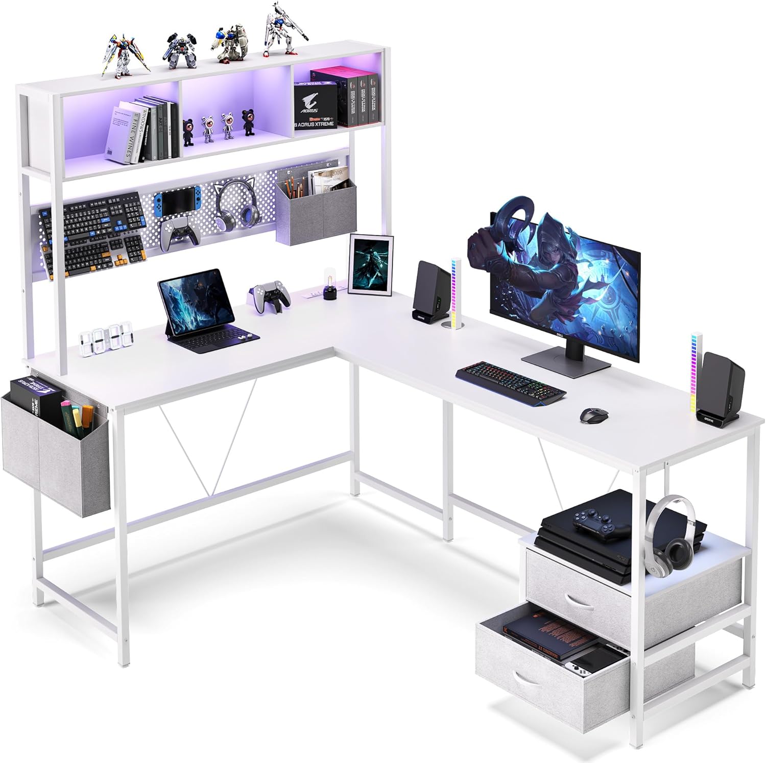 Dowinx 67” L-Shaped Gaming Desk with Pegboard & Drawers, Reversible Computer Desk with RGB Lights & Power Outlets, Corner Workstation with Storage & Hutch for Home Office & Gaming White
