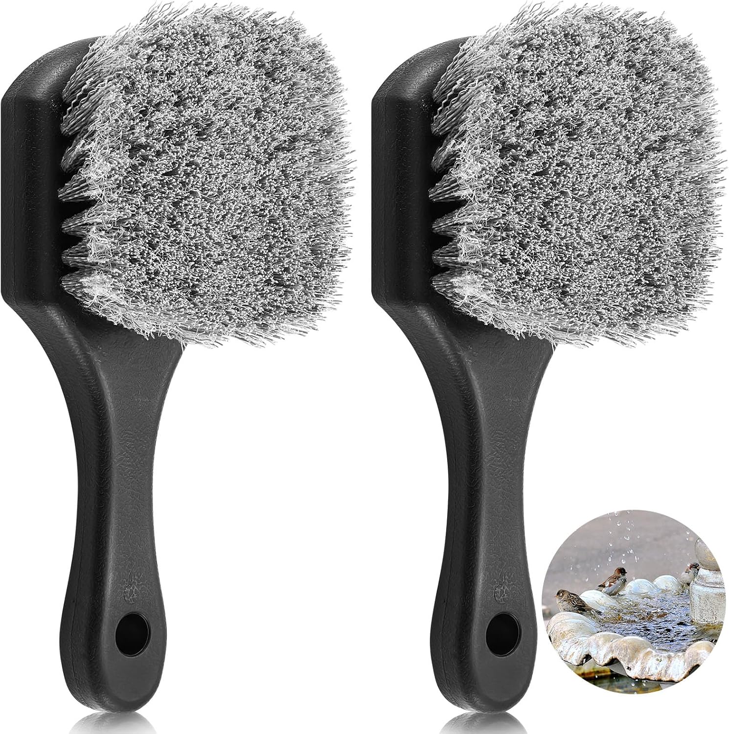 A pair of heavy-duty leather work gloves and a set of stiff-bristled cleaning brushes.