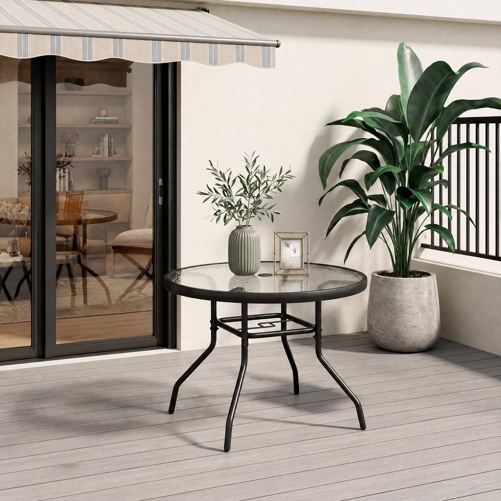 KOMFOTTEU Tavolino da Esterno in Vetro Antiscivolo con Foro Ombrellone | Tavolino Rotondo da Caffè con Struttura in Metallo, per Balcone e Piscina, 70 x 70 x 45,5 cm